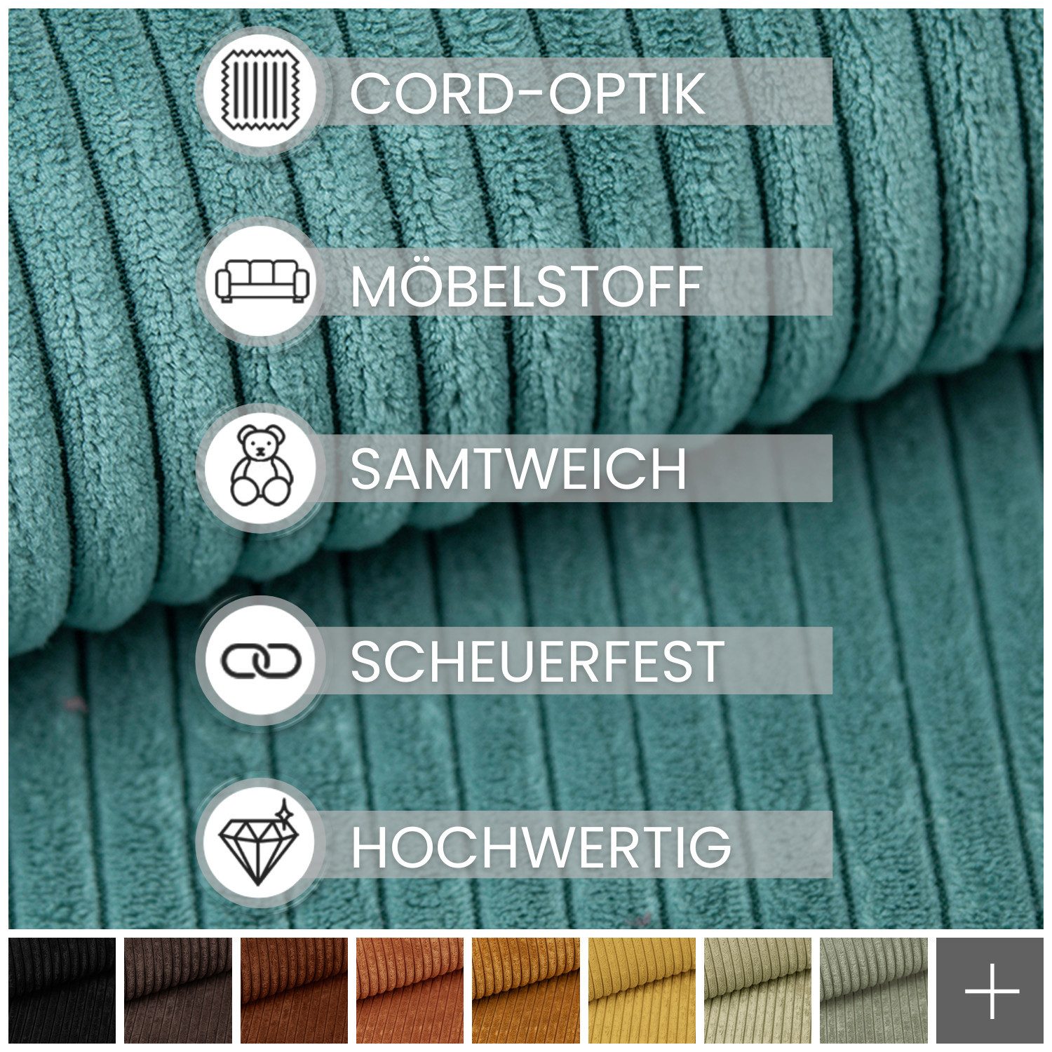 novely® Stoff PORTO - Polsterstoff in Breitcord-Optik - Ultraweicher Möbelstoff, Samtige Haptik, Reißfest, Fusselfrei, Robust, Meterware, 1lfm