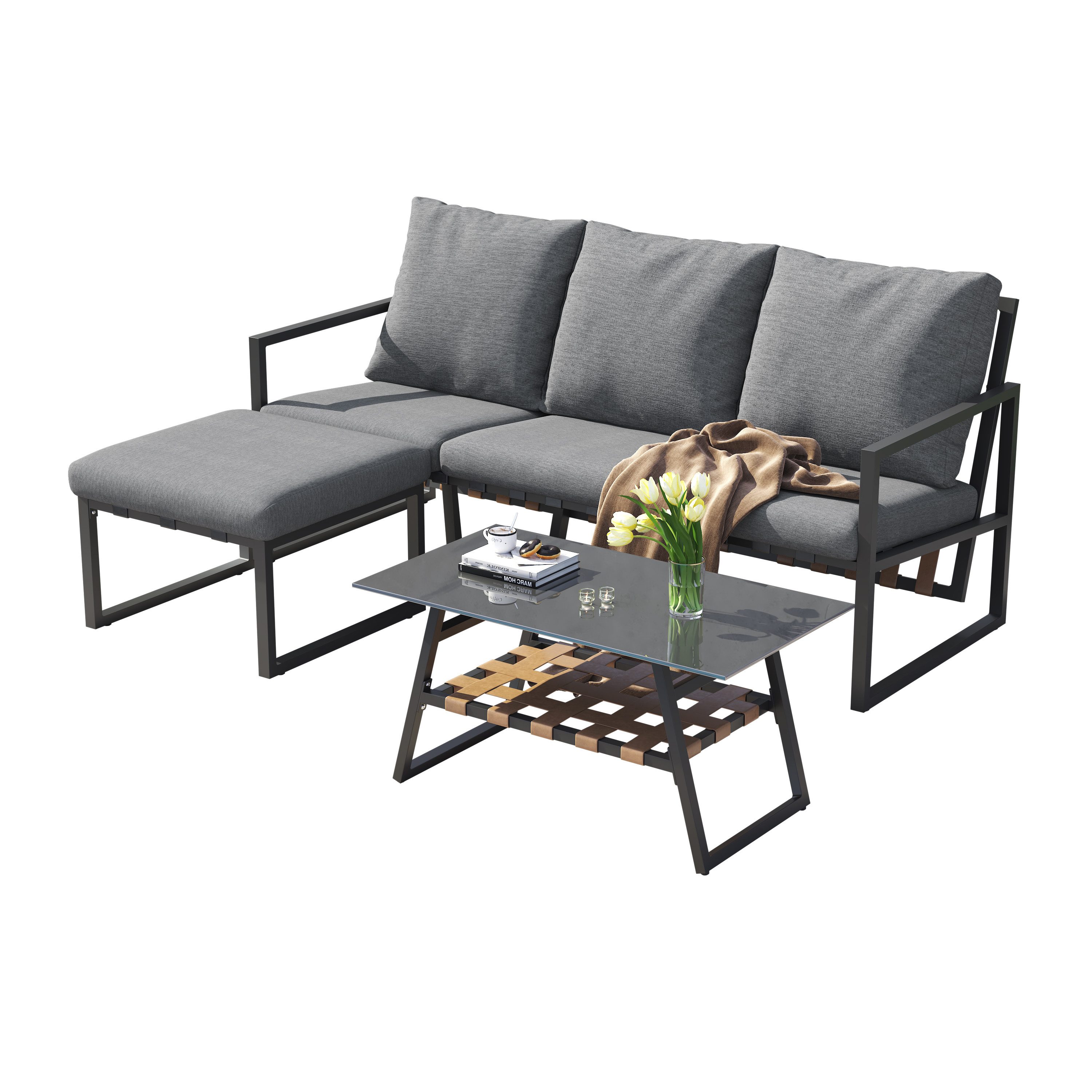 Odikalo Gartenlounge-Set Gartenmöbel-Set Eckgarnitur Couchtisch Fußhocker Außenbereiche