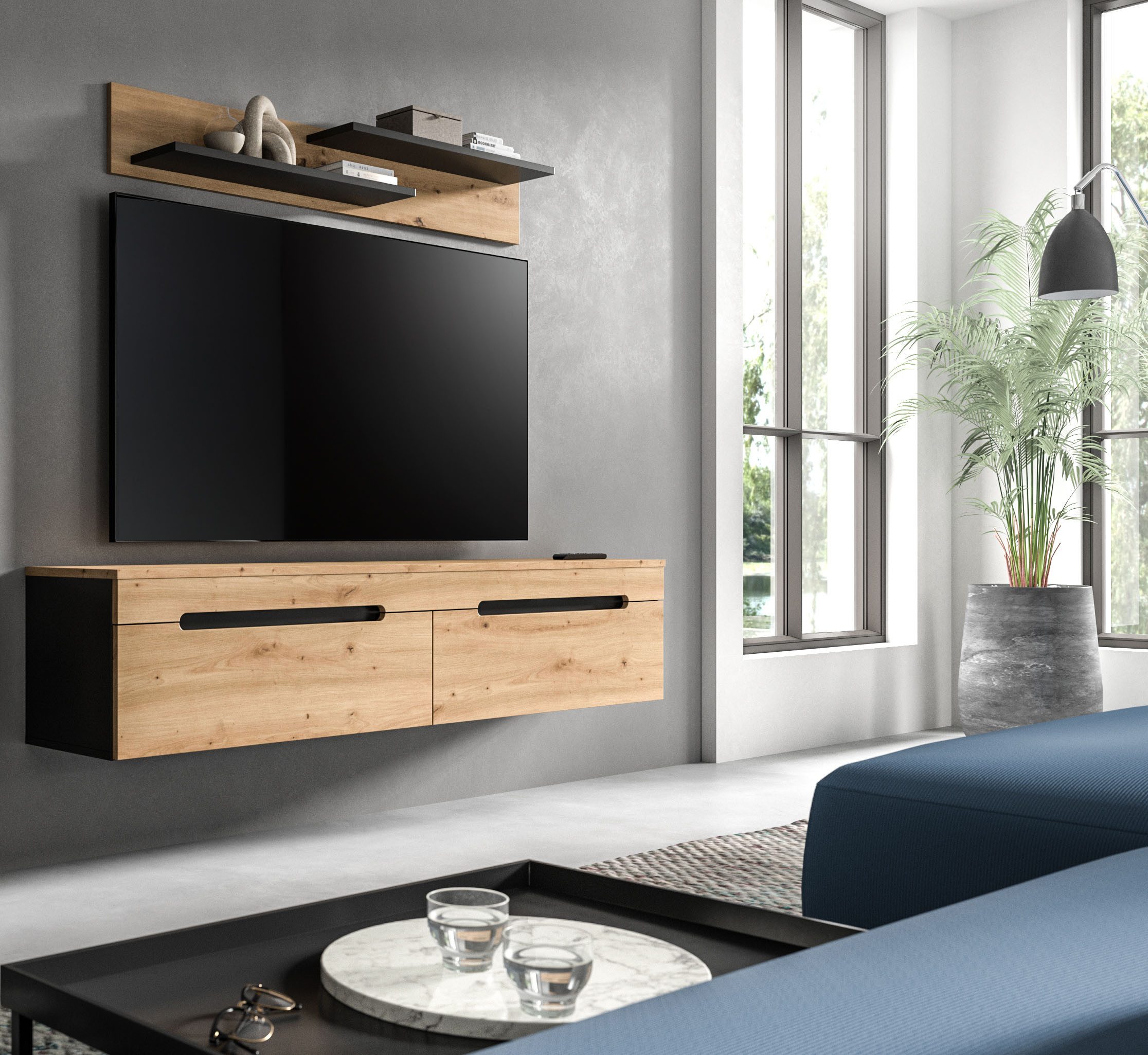 Home affaire Wohnwand REHAT, TOPSELLER!, 2-teilig, wahlweise stehend und hängend montierbar, (2-St., Set bestehend aus: Wandboard (13x19x8 cm) und Lowboard (170x38x33 cm), Kombination, Anbauwand, Set, Wohn-Set, Wohnzimmer-Set, Schrankwand