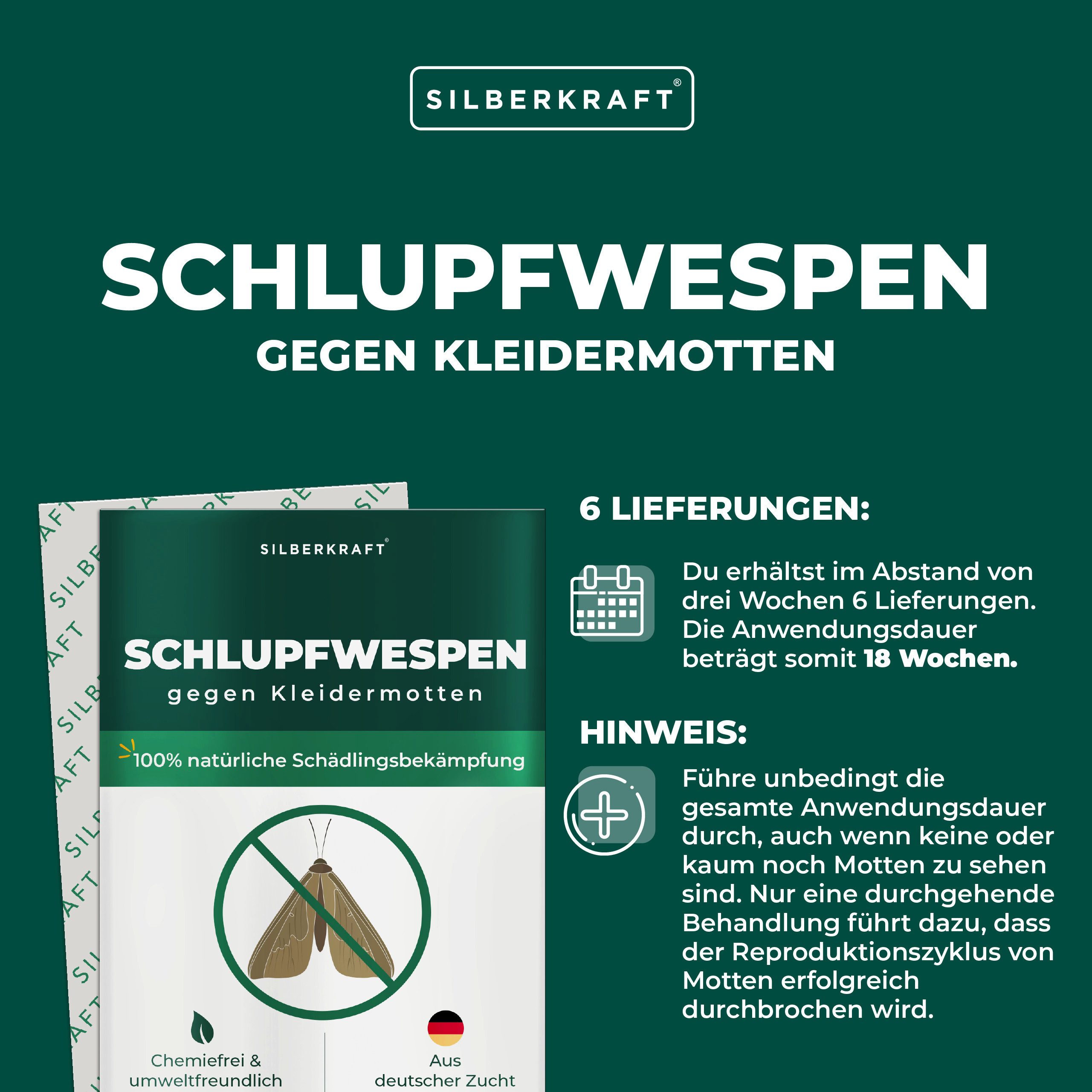 Silberkraft Insektenvernichter Schlupfwespen gegen Kleidermotten - Mottenbekämpfung, 6 Lieferungen je 2 Karten (12 Karten gesamt) über 18 Wochen – Bild 4 von 5