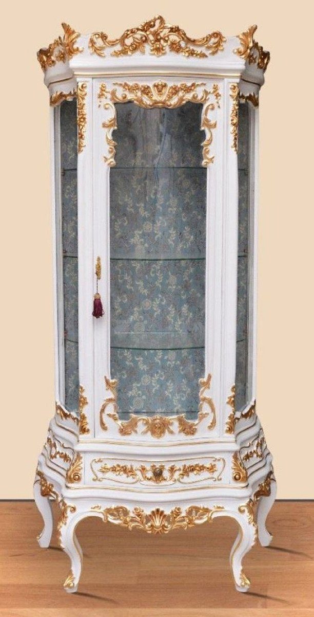 Casa Padrino Vitrine Barock Vitrine Weiß / Gold - Prunkvoller Barock Vitrinenschrank mit Glastür und Schublade - Handgefertigte Barock Wohnzimmer Möbel