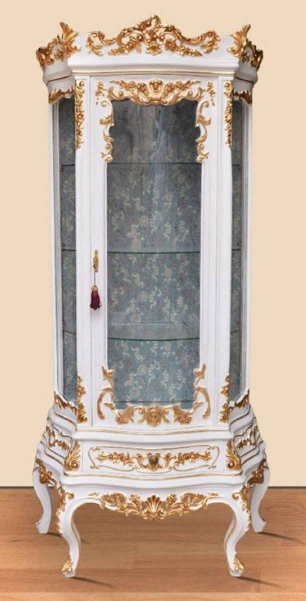 Casa Padrino Vitrine Barock Vitrine Weiß / Gold - Prunkvoller Barock Vitrinenschrank mit Glastür und Schublade - Handgefertigte Barock Wohnzimmer Мебель