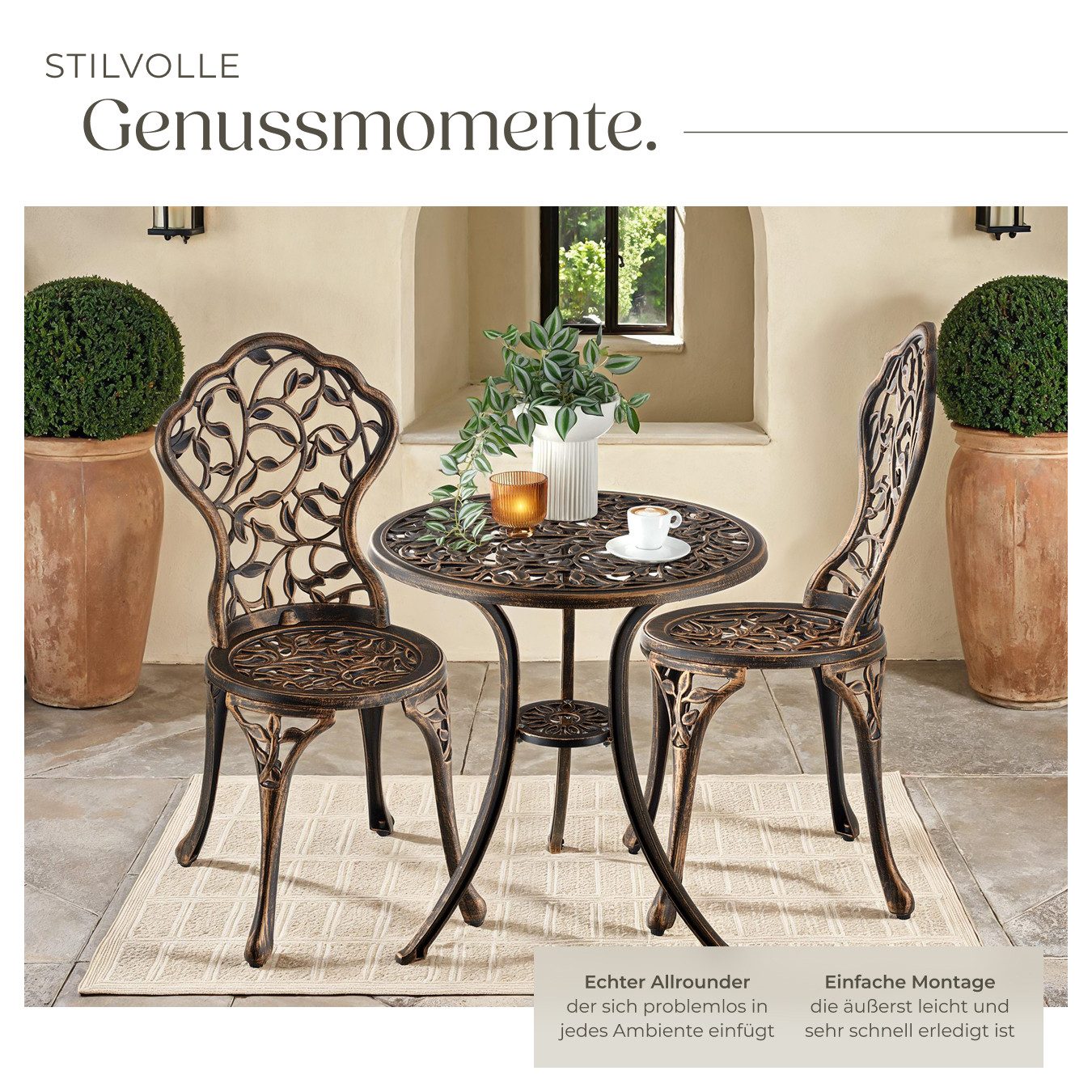 tectake Essgruppe Aluminium Bistroset für 2 Personen, Belastbarkeit Stuhl 120 kg, (Bistroensemble Lyon, 3-tlg., Vintage-Design mit verspieltem Rankenmuster in s – Bild 4 von 5
