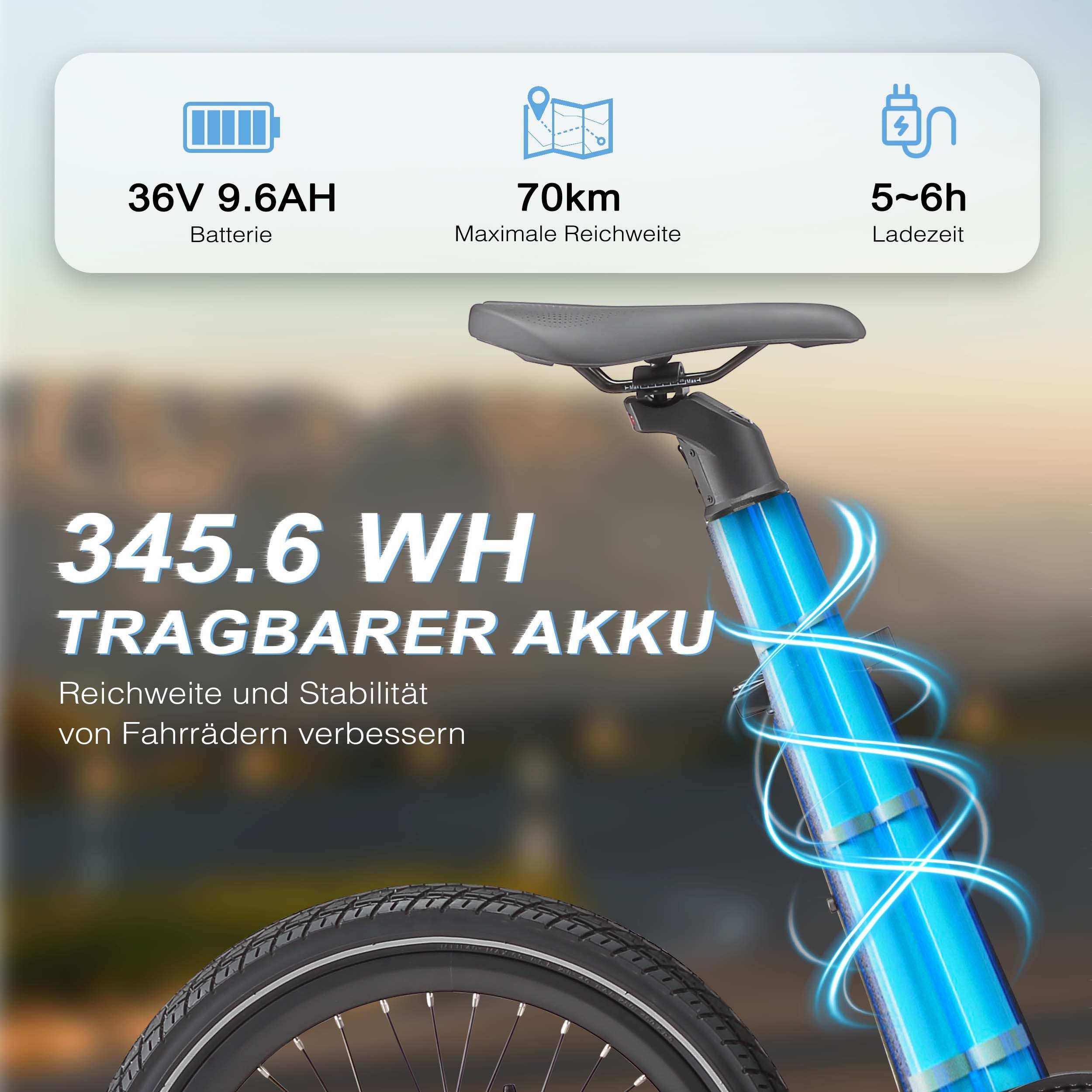 Vankel E-Bike Cityrad Smart 30 E-Fahrrad Damen u. Herren 345WH Pedelec, 36V 70 km Reichweite, Heckmotor, 345 Wh, Pedelec, Elektrofahrrad