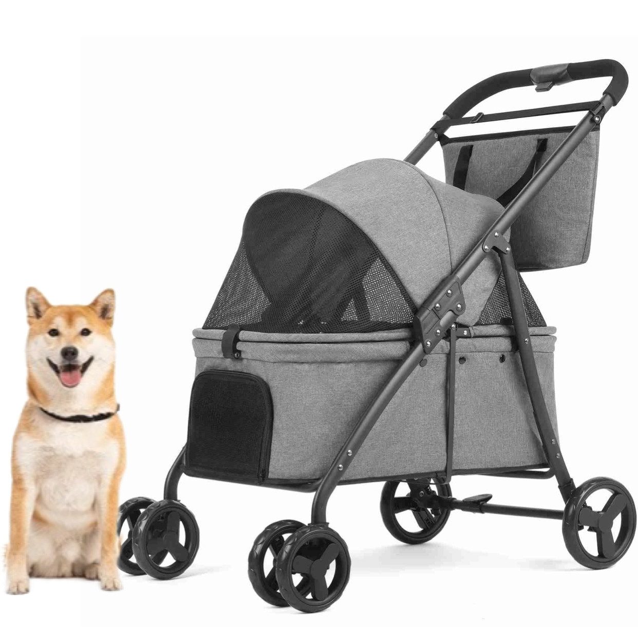 Super Solu Hundebuggy Klappbarer Hundewagen mit Netzfenstern für Hunde bis 36 kg, (Haustierwagen für mittelgroße Hunde, P05, 1-tlg), Grau, Pet Stroller, Feststellbremse, leicht und robust