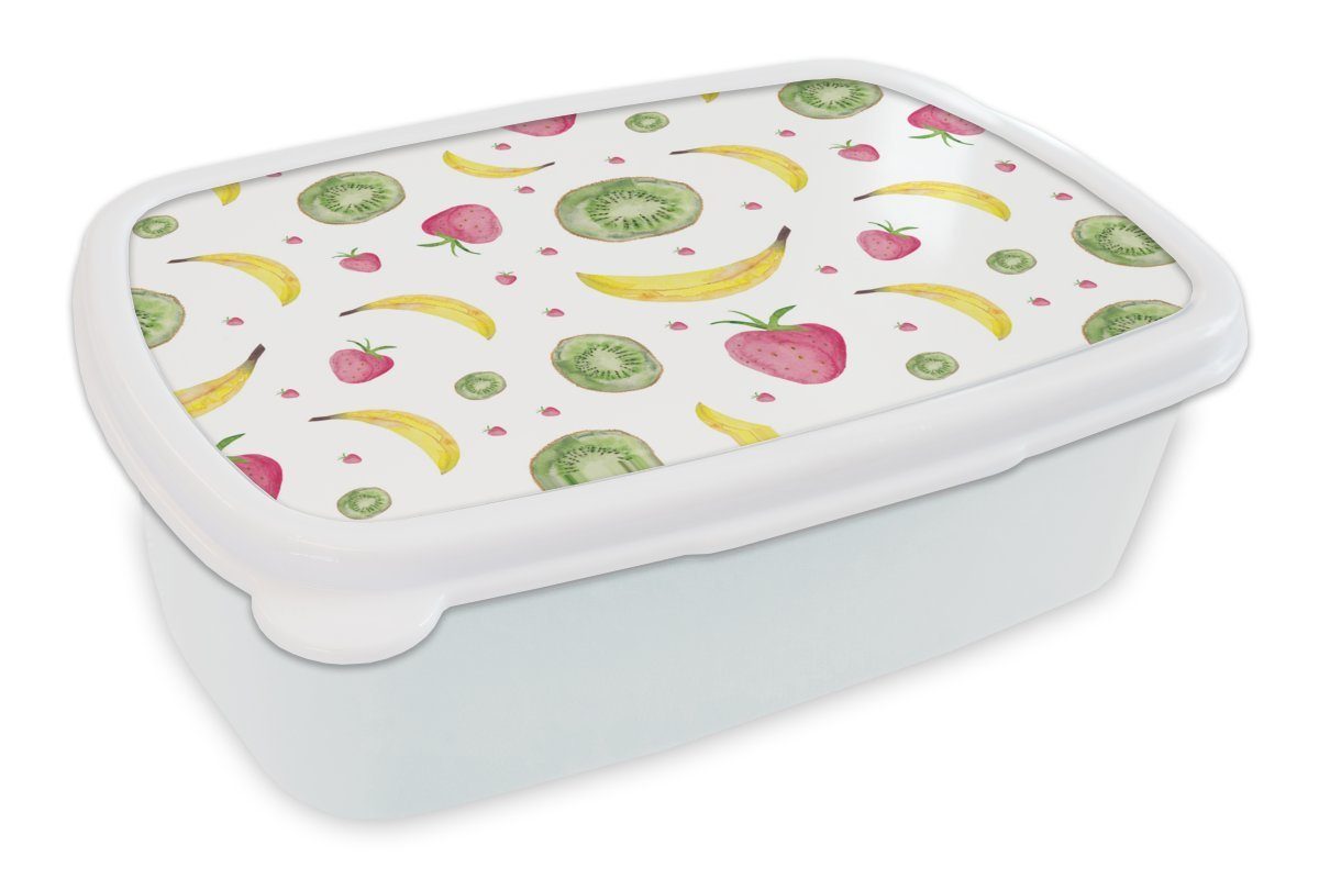 MuchoWow Lunchbox Obst - Aquarell - Weiß - Muster, Kunststoff, (2-tlg), Brotbox für Kinder und Erwachsene, Brotdose, für Jungs und Mädchen
