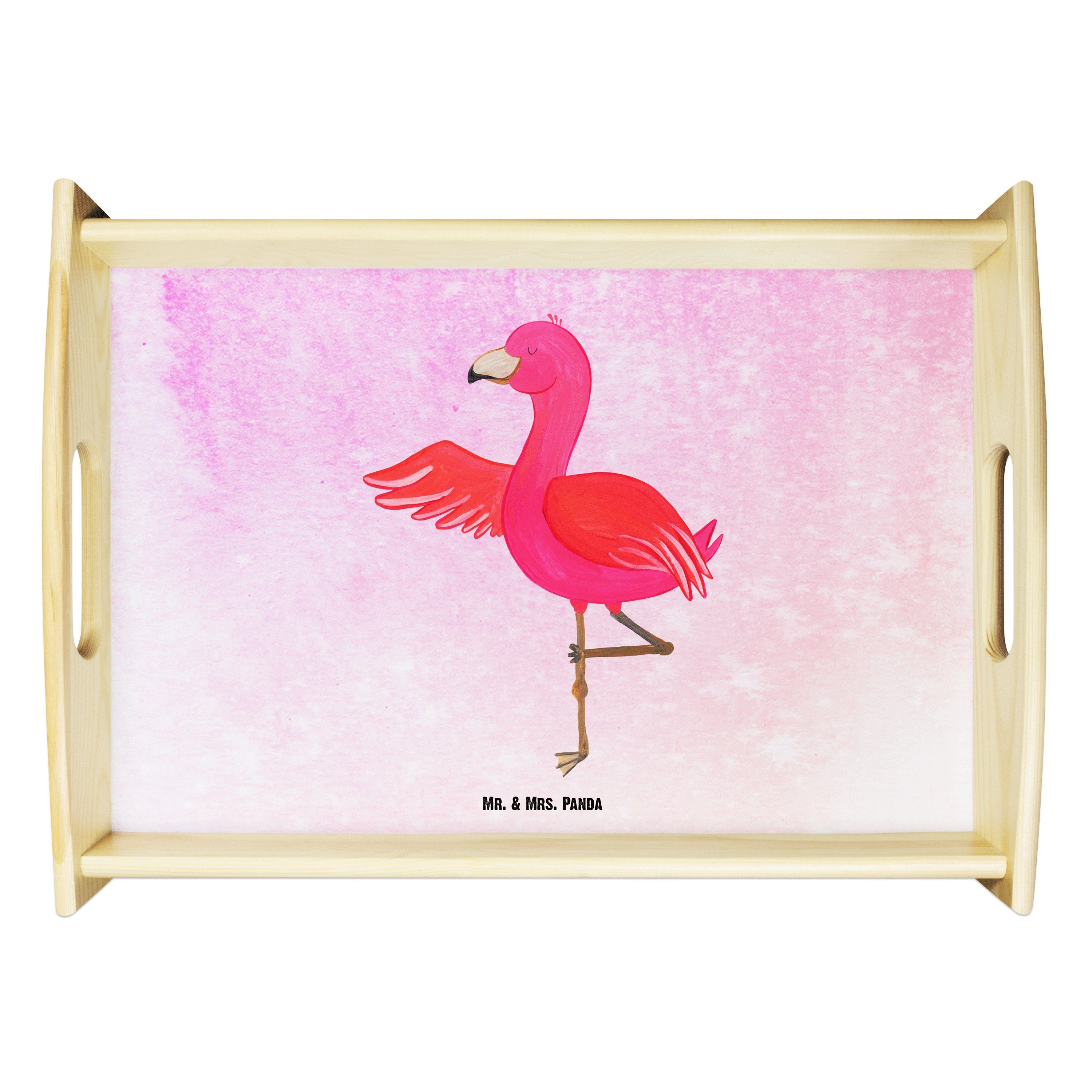 Mr. & Mrs. Panda Tablett Flamingo Yoga - Aquarell Pink - Geschenk, Tablett, Rosa, Ärger, Baum, Echtholz lasiert, (1-tlg)