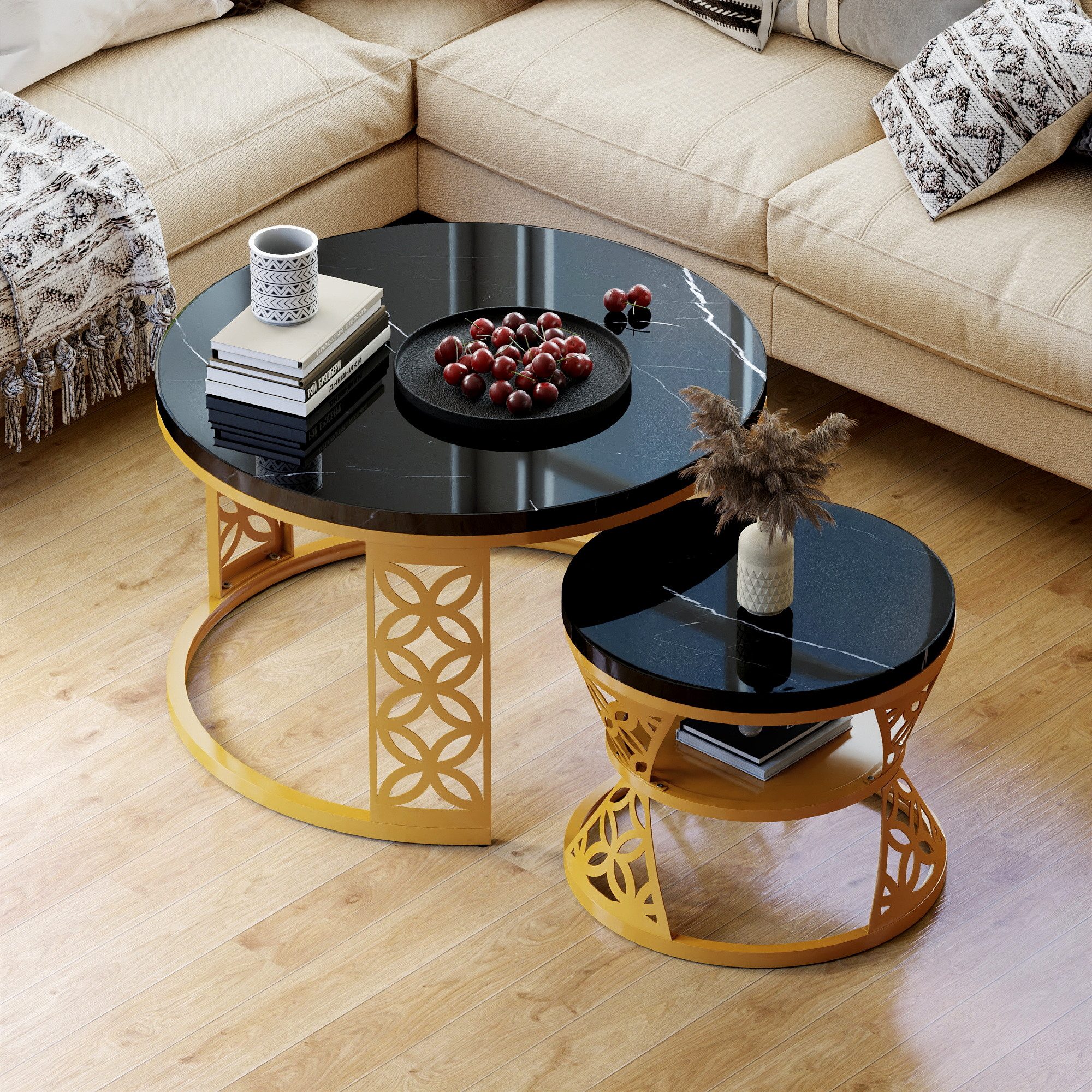 REDOM Couchtisch und 2er Set, Beistelltisch für Schlafzimmer Balkon (Runder Couchtisch, stabil und langlebig für stilvolles Wohnen, 2-St., 70x70x45 cm und 45x45x37 cm)