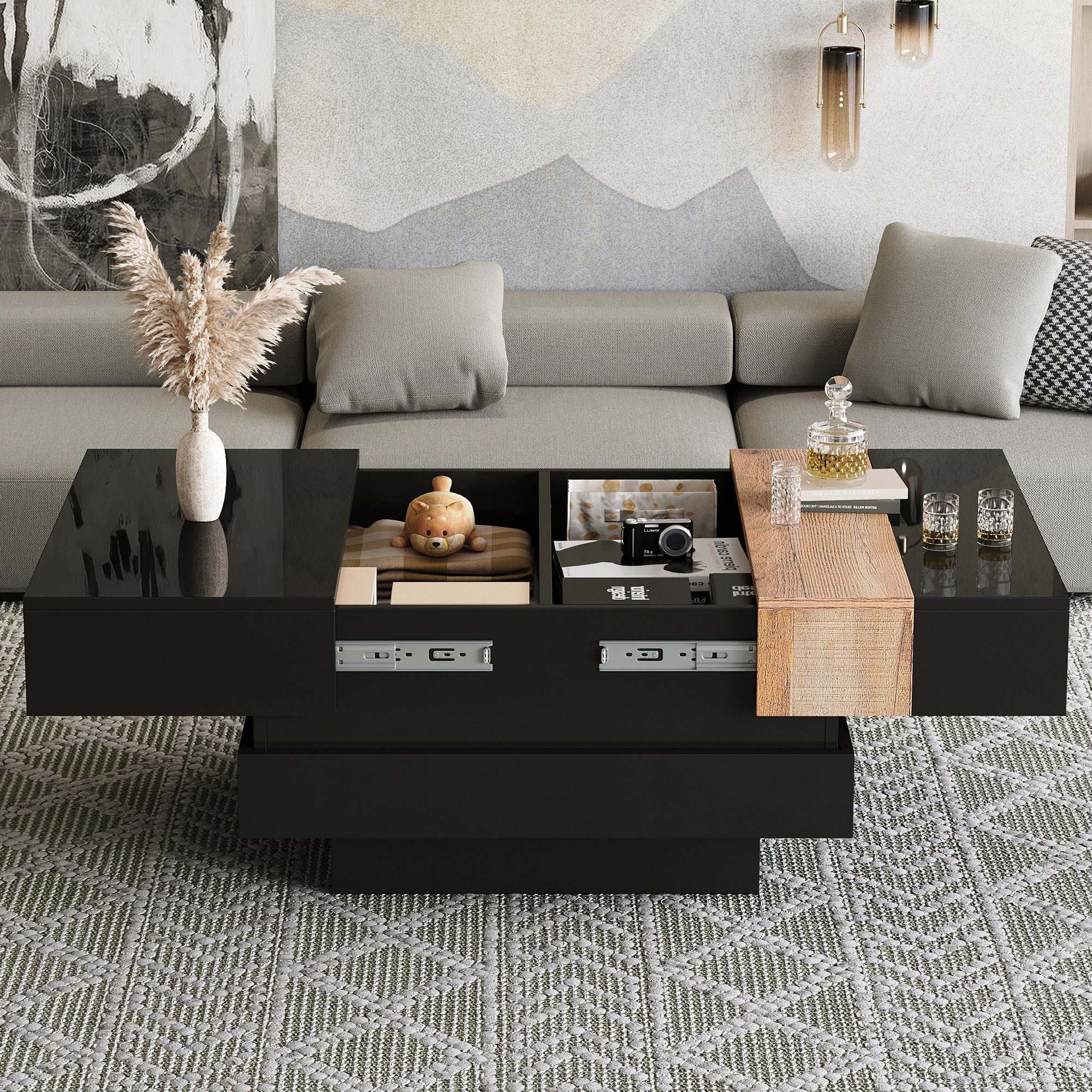 MODFU Couchtisch Hochglanz-Sideboard mit ausziehbarer Platte (Beistelltisch, Sofatisch, Wohnzimmertisch, 1-St., 70x70x39cm, Schwarz), Quadratisch, versteckter Stauraum & Trennwände