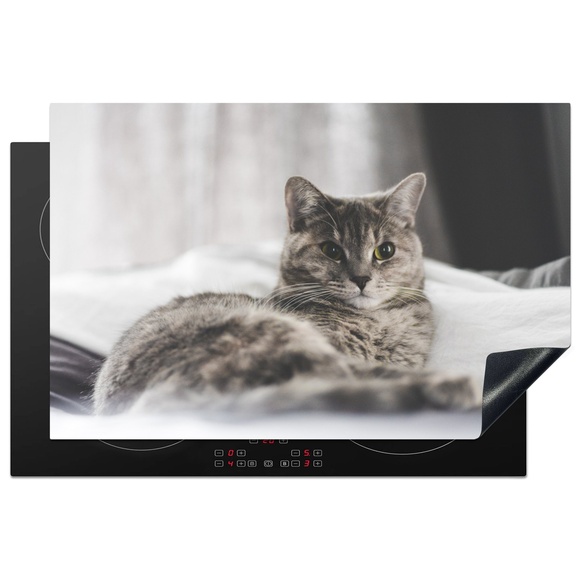 MuchoWow Herdblende-/Abdeckplatte Katze - Bettlaken - Bett, Vinyl, (1 tlg), 81x52 cm, Induktionskochfeld Schutz für die küche, Ceranfeldabdeckung