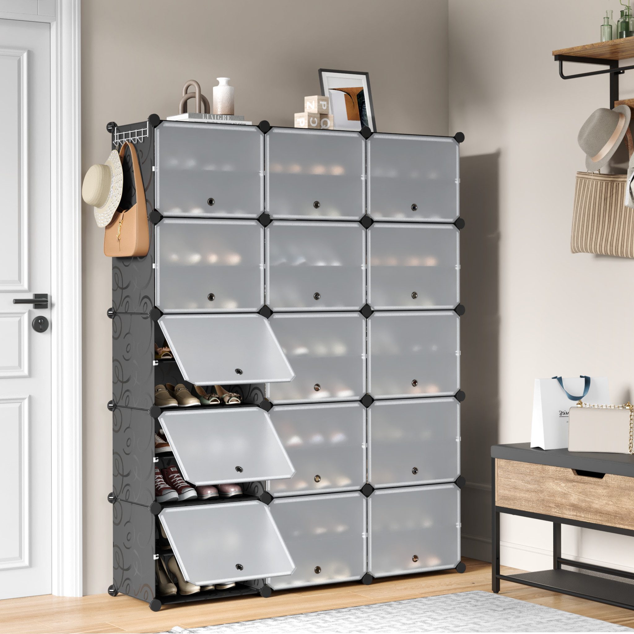 Mondeer Schuhregal Schuhschrank, Kunststoff-Schuhschrank mit Tür, Platzsparend, für 30-60 Paar Schuhe