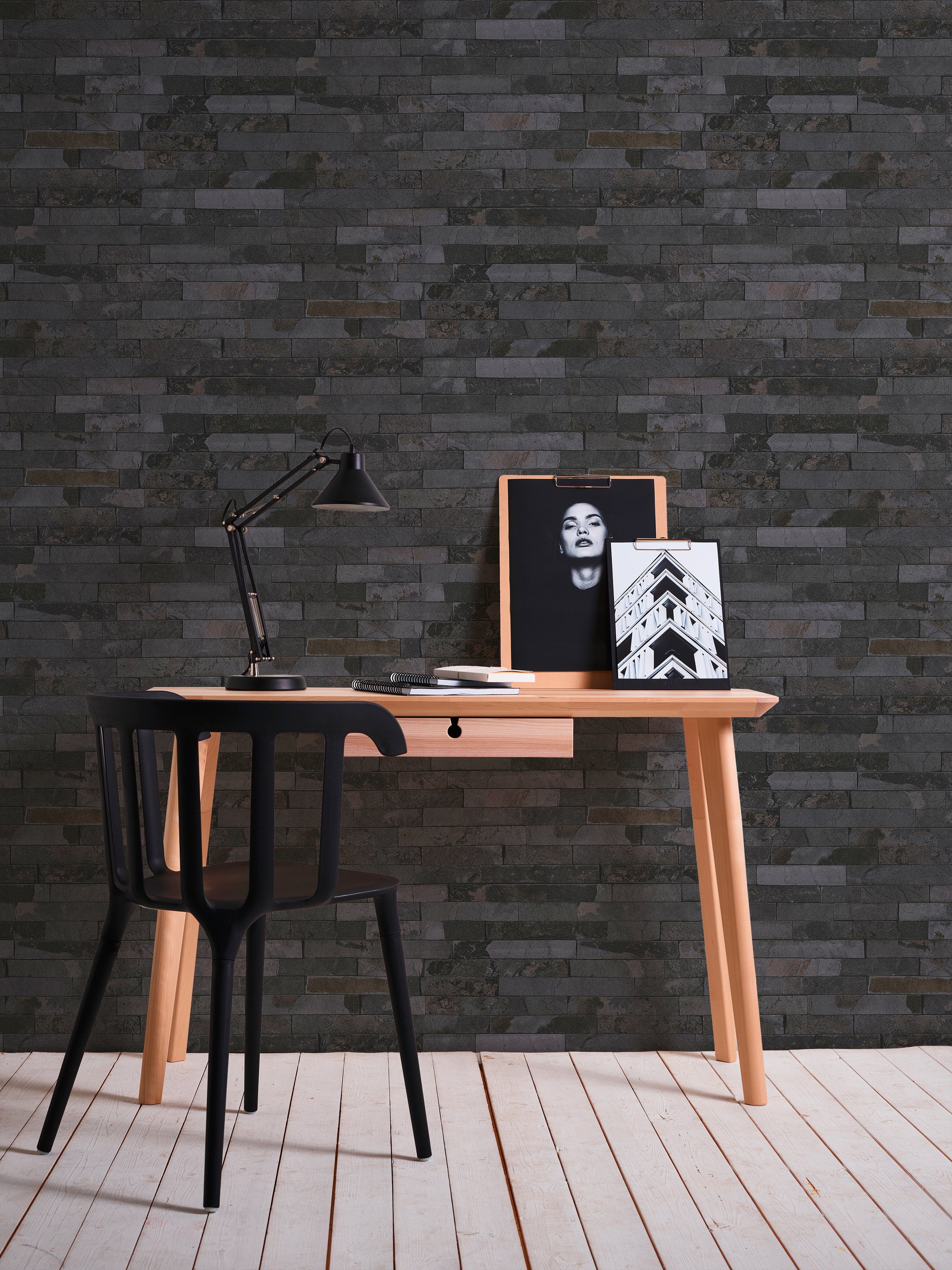 Tapete grau/schwarz living of Edition, Vliestapete walls Steinoptik, Best Stein Wood`n 2nd Stone