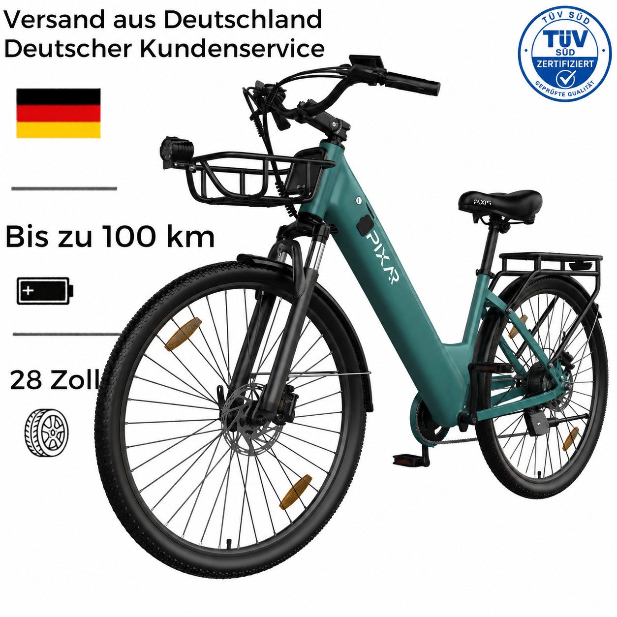 PIXAR E-Bike Cityrad Pedelec 28 Zoll 36V 18Ah bis 100 km Shimano 7 Gang, 7 Gang, Heckmotor, 648 Wh, Bürstenloser Motor, Bürstenloser Motor