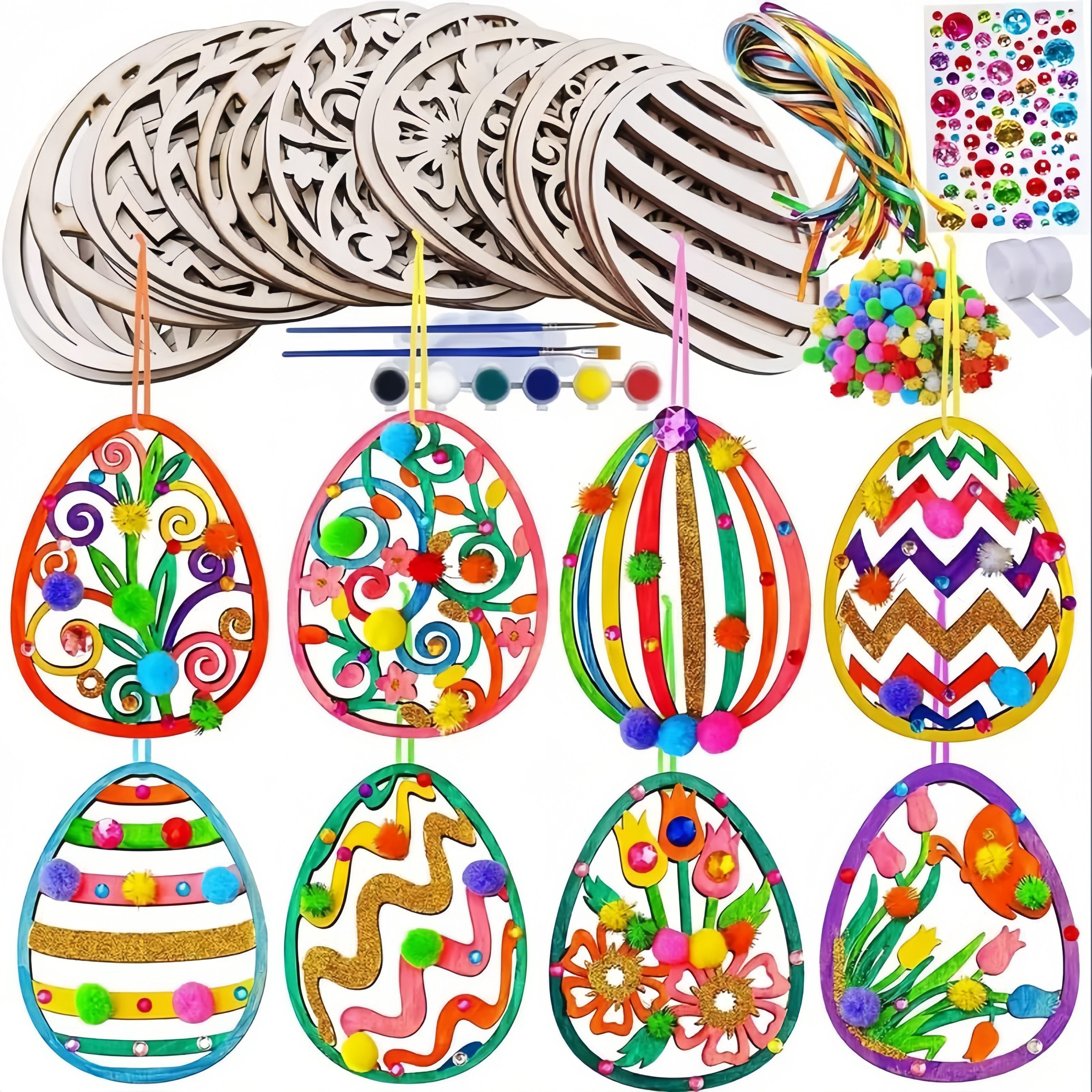 FOUORTUNATE-BEE Dekohänger 24 Holz Ostereier zum Bemalen, Hängedeko für Ostern & Party, Oster Holzanhänger DIY Set mit Bändern & Blumenmotiven