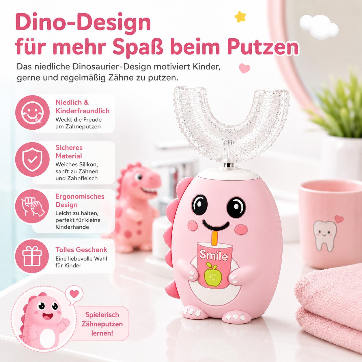 Lisabonde Elektrische Kinderzahnbürste Elektrische Zahnbürste 2-in-1 mit U-Bürstenkopf, IPX7, Aufsteckbürsten: 4 St., Set mit Zahnbürste, 2 U-Bürstenköpfen, 2 S – Bild 4 von 5