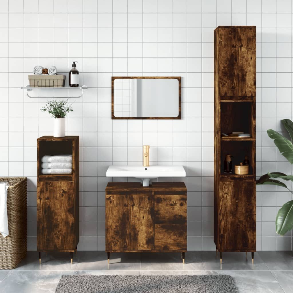 Badkommode Badezimmerschrank Räuchereiche 30 x 30 x 190 cm mit Eisenfüßen