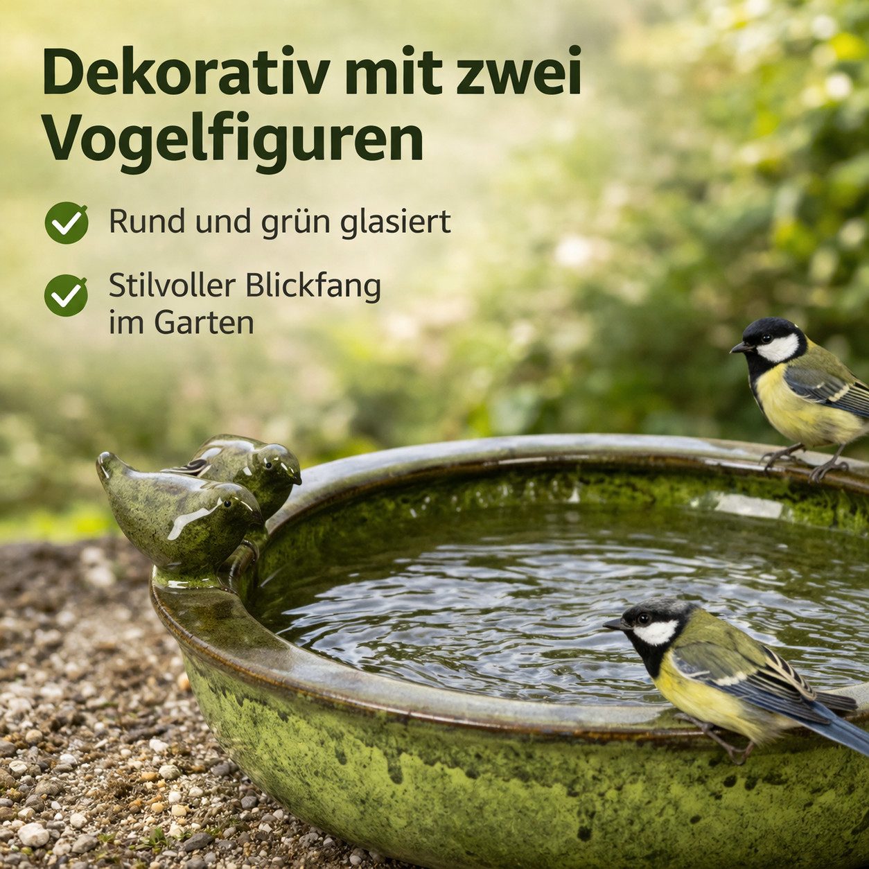 esschert design Vogeltränke Vogeltränke rund grün – Terracotta – Wasserstelle & Badeplatz für Vöge – Bild 5 von 5