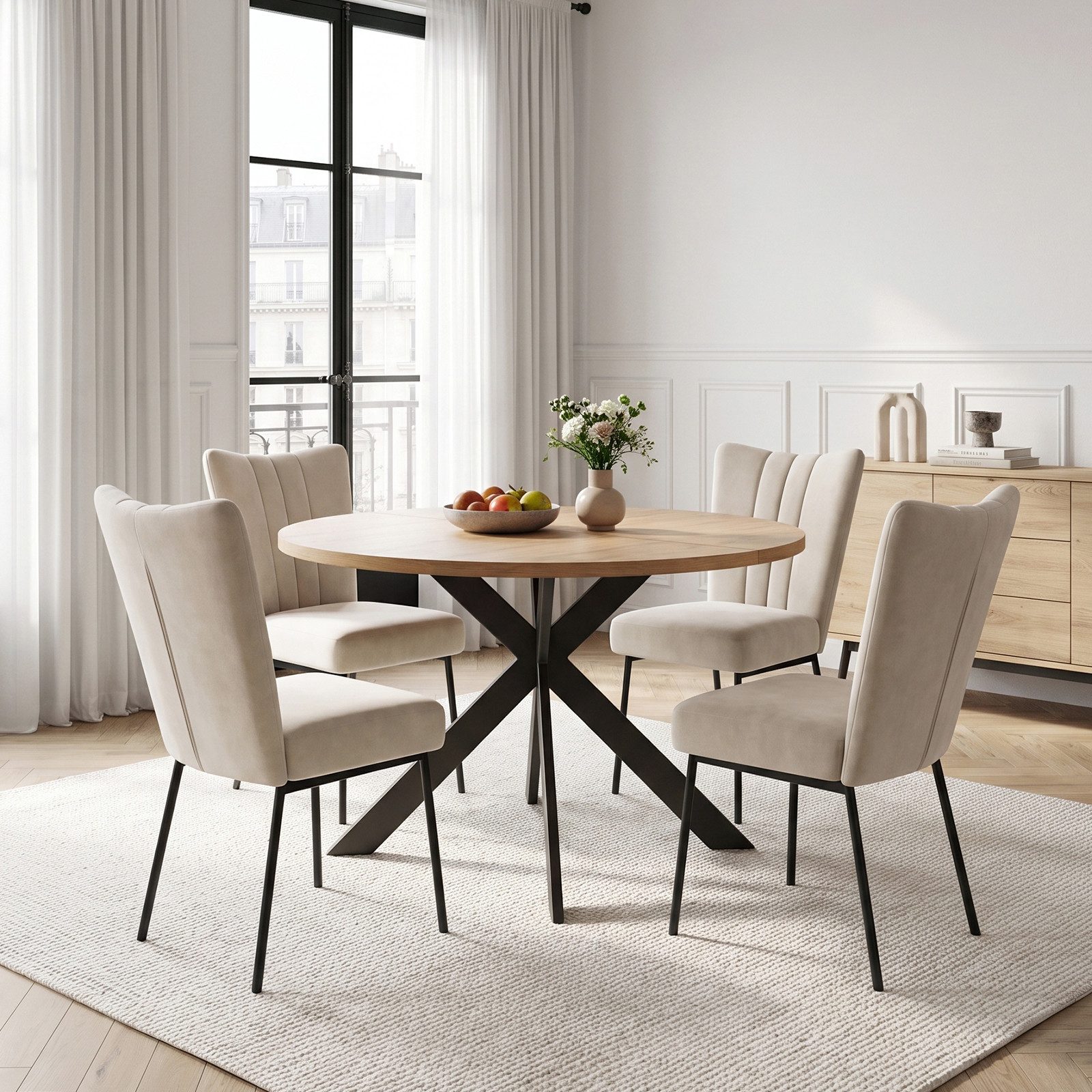 Jiexi Essgruppe Essgruppe Runder Tisch Ø 115cm Eiche Sternfuß & Samt Stühle