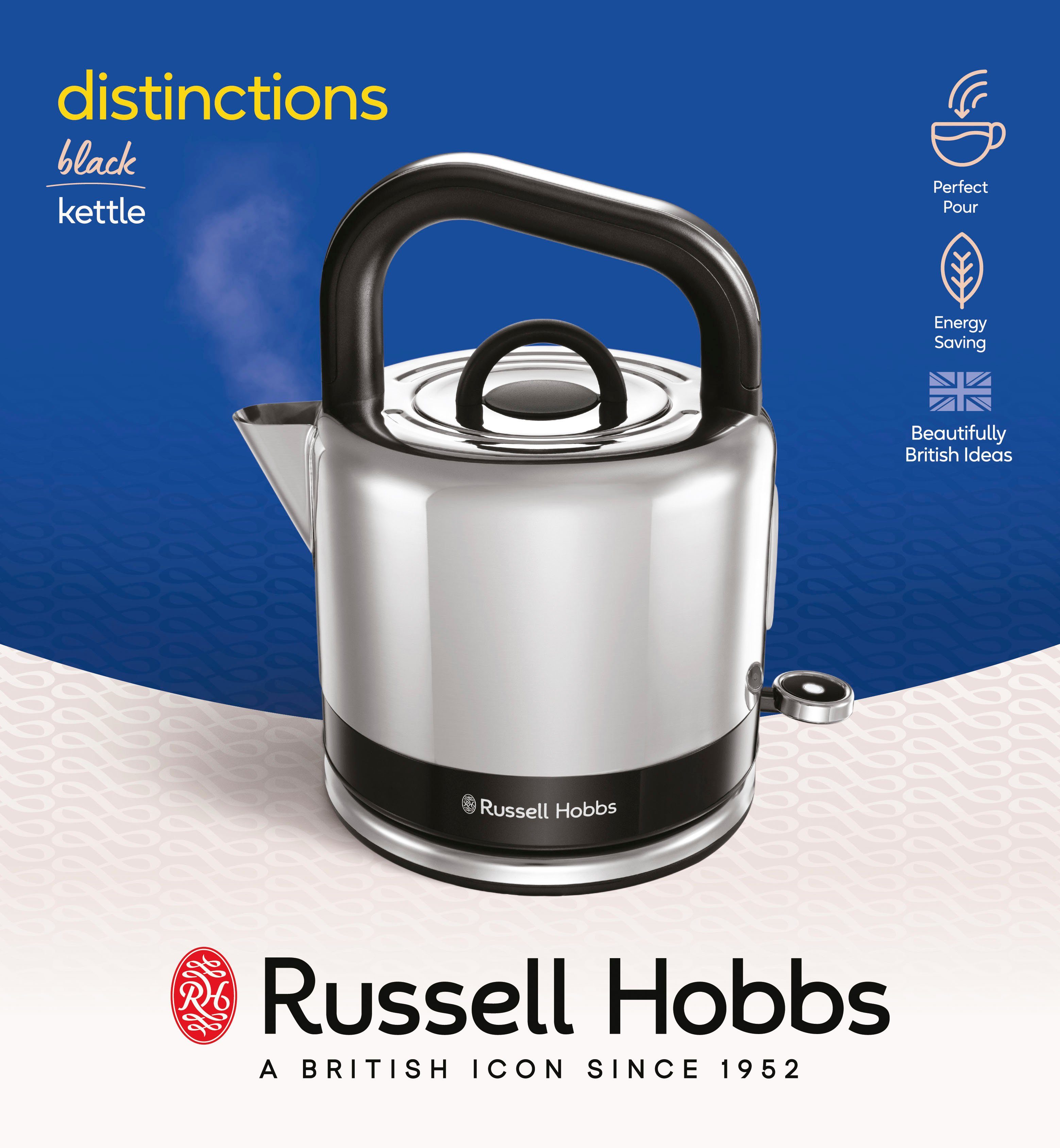 RUSSELL 1,5 26420-70, Distinctions, schwarz Edelstahl Schnellkochfunktion, energiesparend HOBBS mit polierten Akzenten, 1350 Wasserkocher W, l,