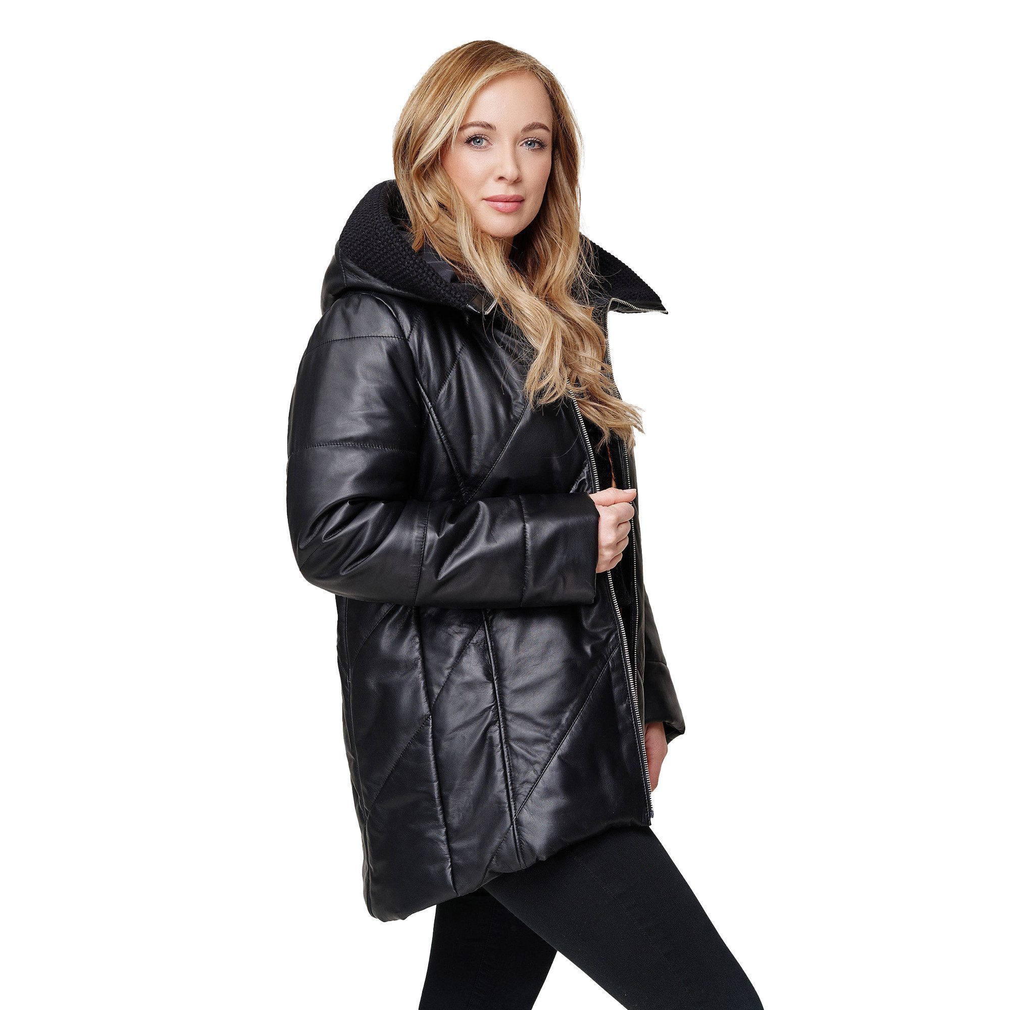 Mouflon Lederjacke Mandy Kapuze mit Strickrand