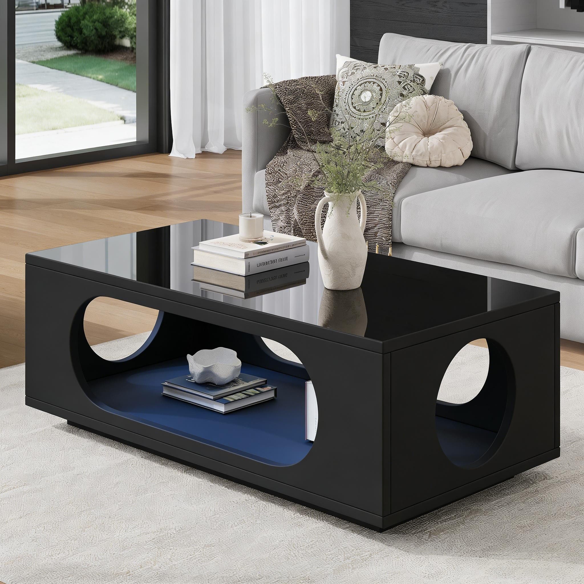 Merax Couchtisch hochglanz Sofatisch Beistelltisch mit LED-Beleuchtung & APP Steuerung (1-St), Wohnzimmertisch mit Stauraum und Kabelmanagement, 100x50x35cm