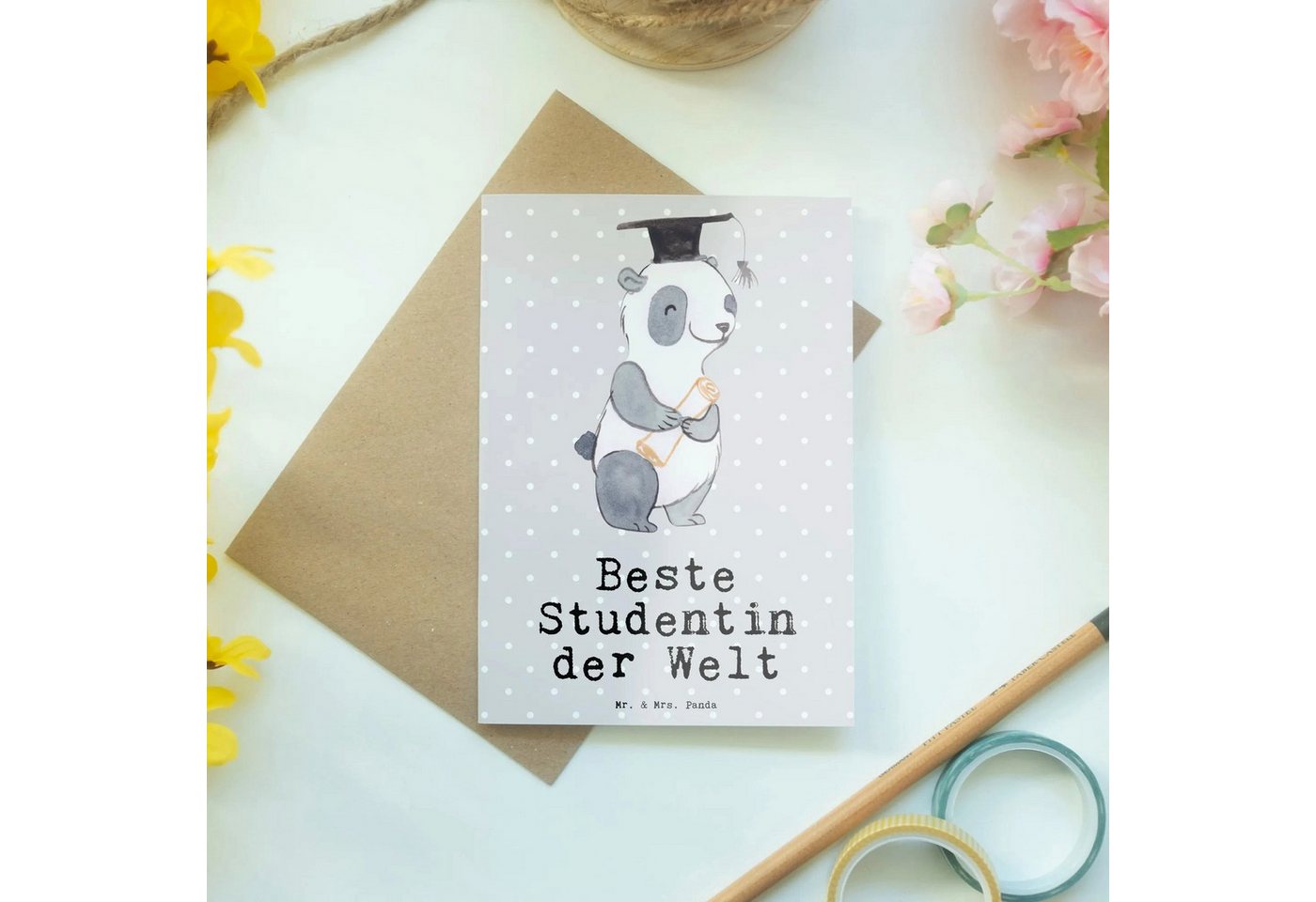 Thumbnail - Mr. & Mrs. Panda Grußkarte Pinguin Beste Studentin der Welt - Grau Pastell - Geschenk, Einladung, Handgefertigt