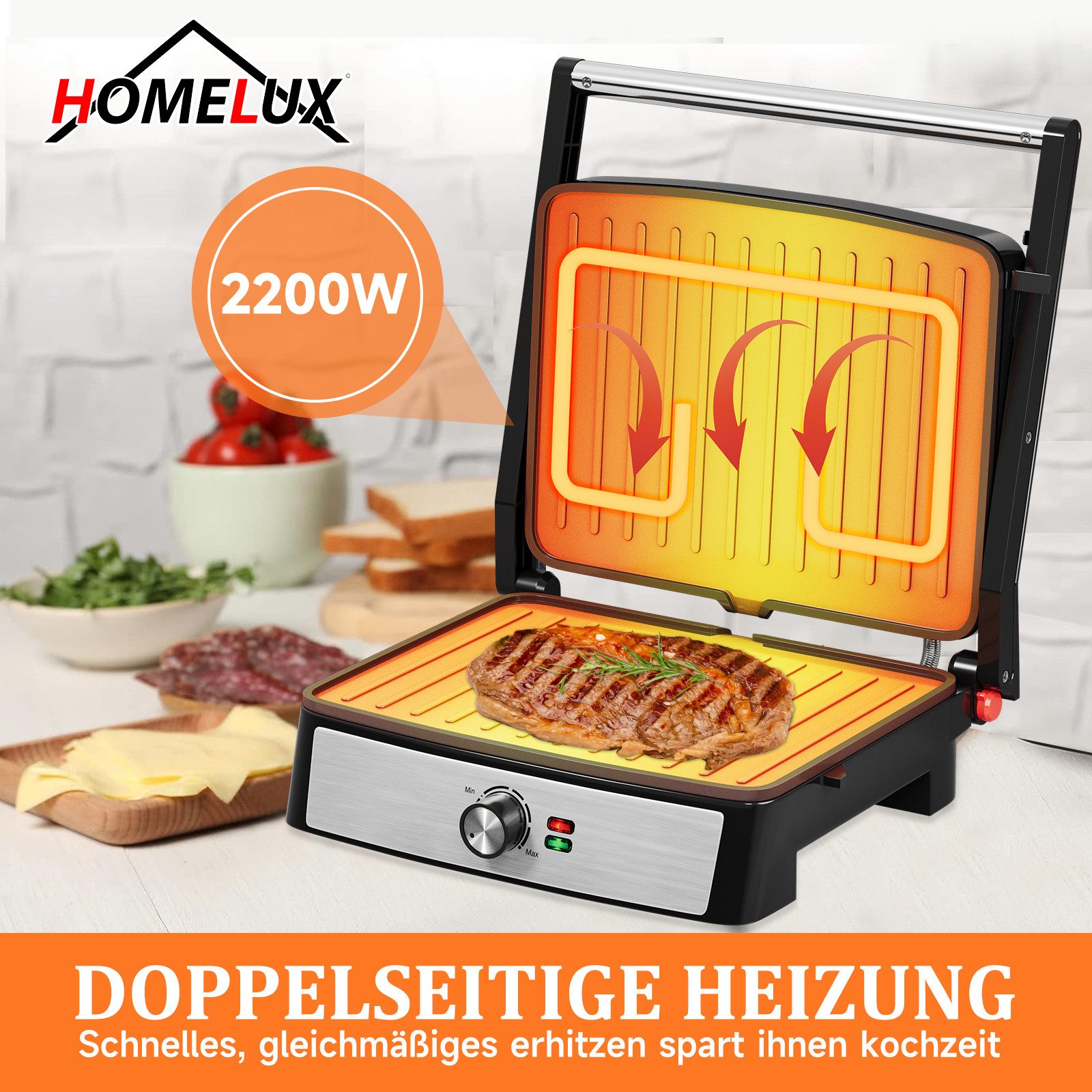 HOMELUX Elektrogrill Kontaktgrill 3 in 1 Multigrill, 2200W Grill, Elektrischer Optigrill, 2200,00 W, Antihaftbeschichtet, Edelstahl Tischgrill mit Zubehör