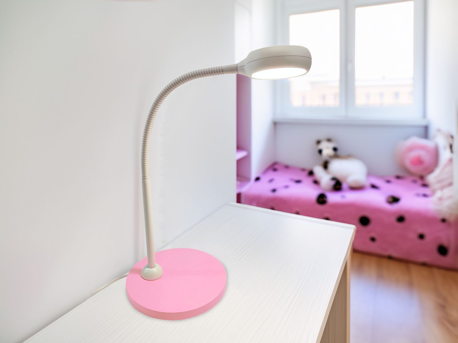 niermann LED Schreibtischlampe, Flexarm, LED wechselbar, Warmweiß, Leselampe Bett und Nachttisch-Lampe mit Holz-Fuß & Schwanenhals, 43cm