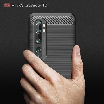König Design Handyhülle Xiaomi Mi Note 10, Xiaomi Mi Note 10 Handyhülle Carbon Optik Backcover Grau