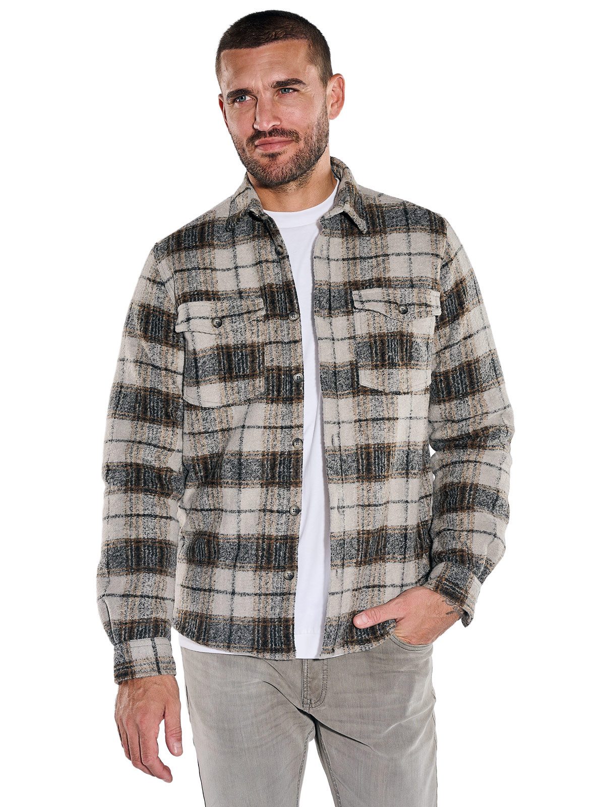 emilio adani Langarmhemd Herren Overshirt mit Teddy-Fütterung, Hellbraun