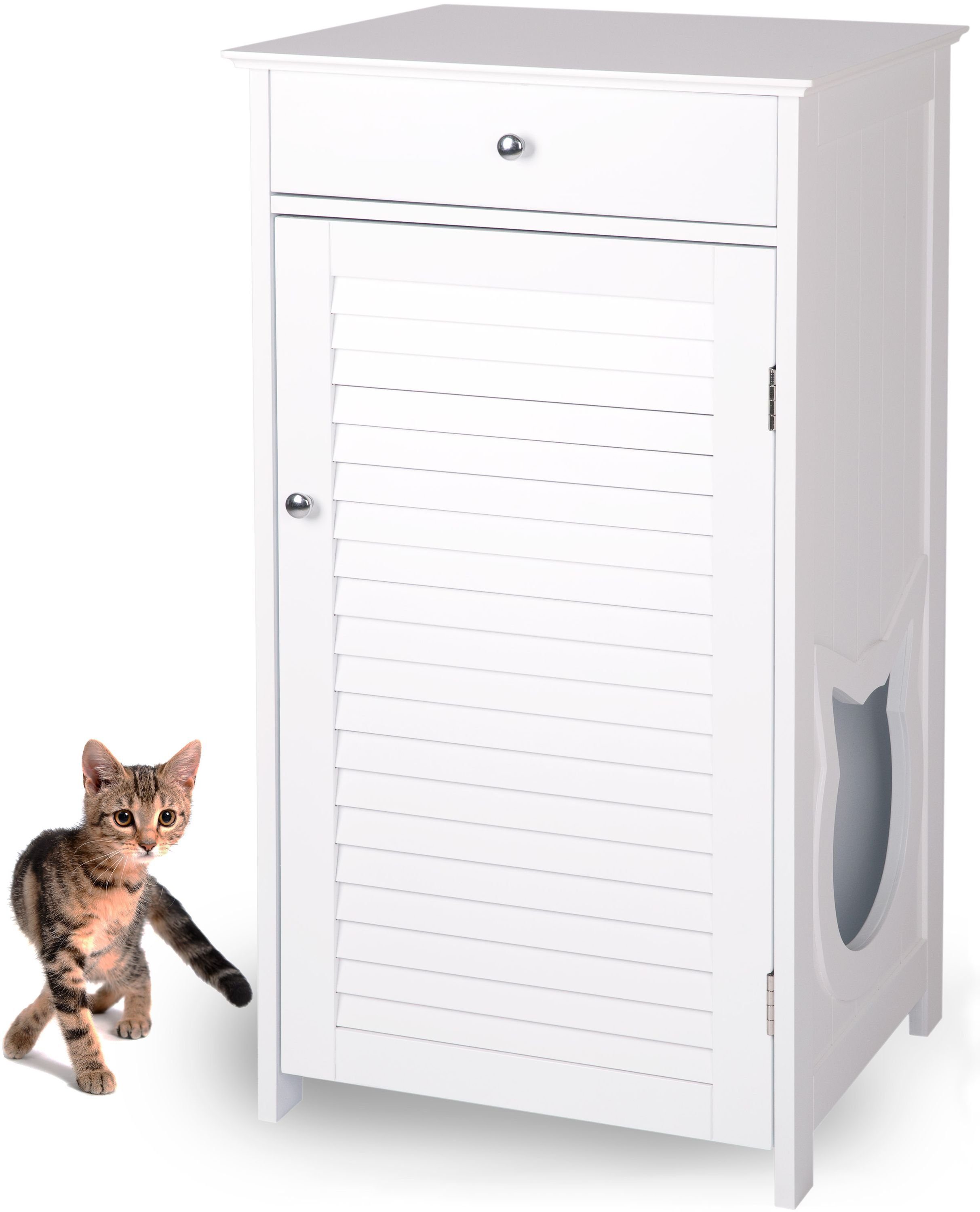 WONDERMAKE Tierhaus Katzenschrank für Katzentoilette Katzenklo-Schrank Katzenhaus Toilette, Design Katzen-Haus groß hoch Holz XL Klo Kommode weiß Katzenmöbel