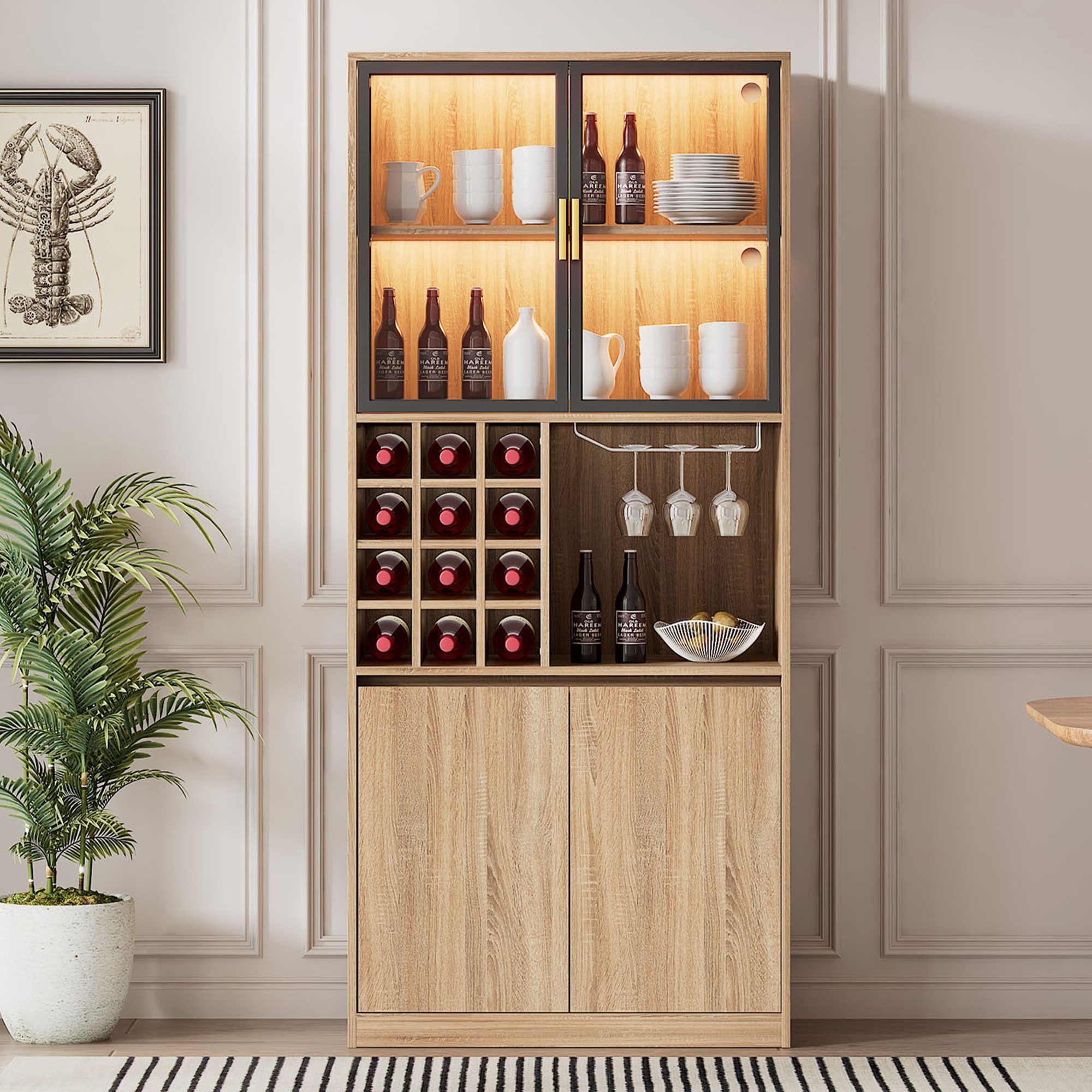 Flieks Küchenbuffet mit LED-Beleuchtung, Glastüren, Weinregal günstig online kaufen