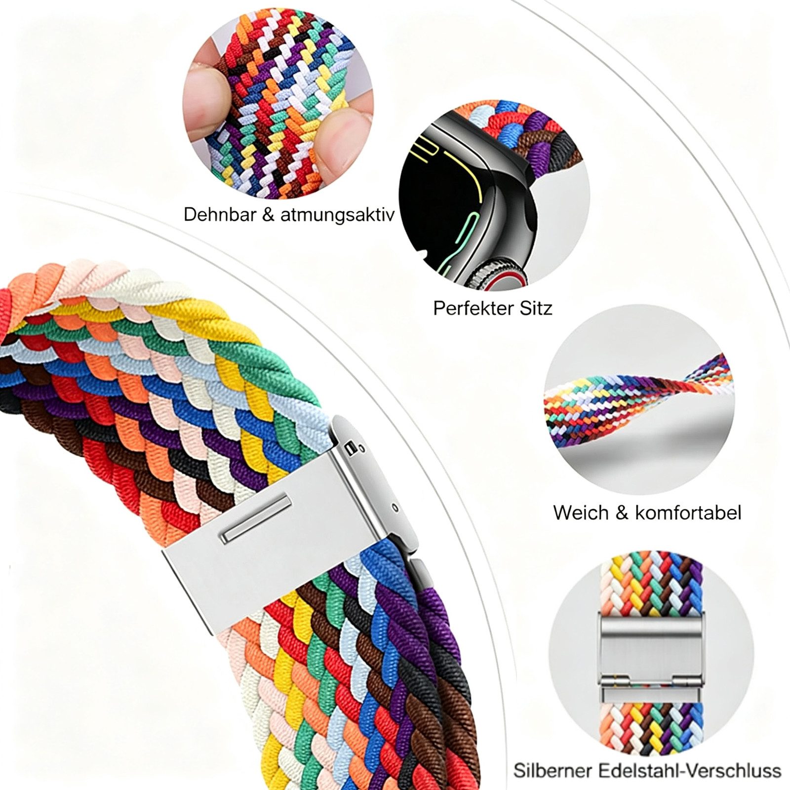 BOOD Uhrenarmband Nylon-Uhrenarmband, 20–22 mm, Geflochtenes Nylon‑Armband 20 mm / 22 mm, verstellbar für Smartwatch – Bild 4 von 5