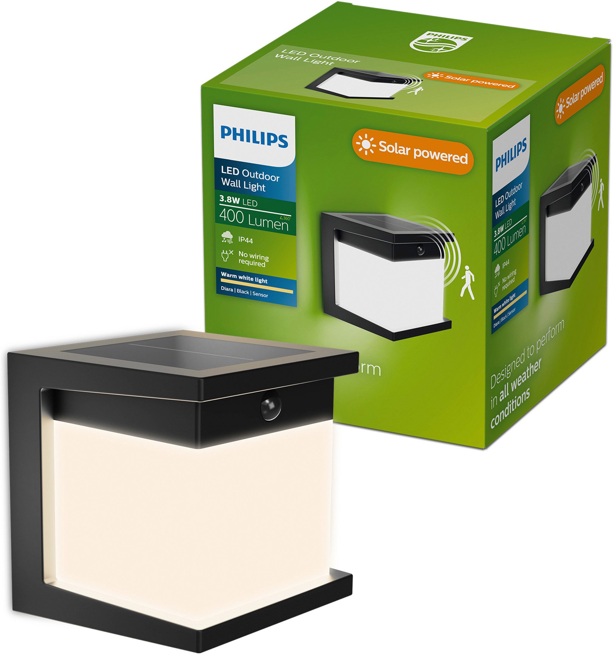 Philips LED Außen-Wandleuchte Outdoor Solar Diara, Abschaltautomatik, Bewegungsmelder, Tageslichtsensor, LED fest integriert, Warmweiß, Tageslicht- und Bewegungssensor,2700 Kelvin, 400 Lumen, schwarz