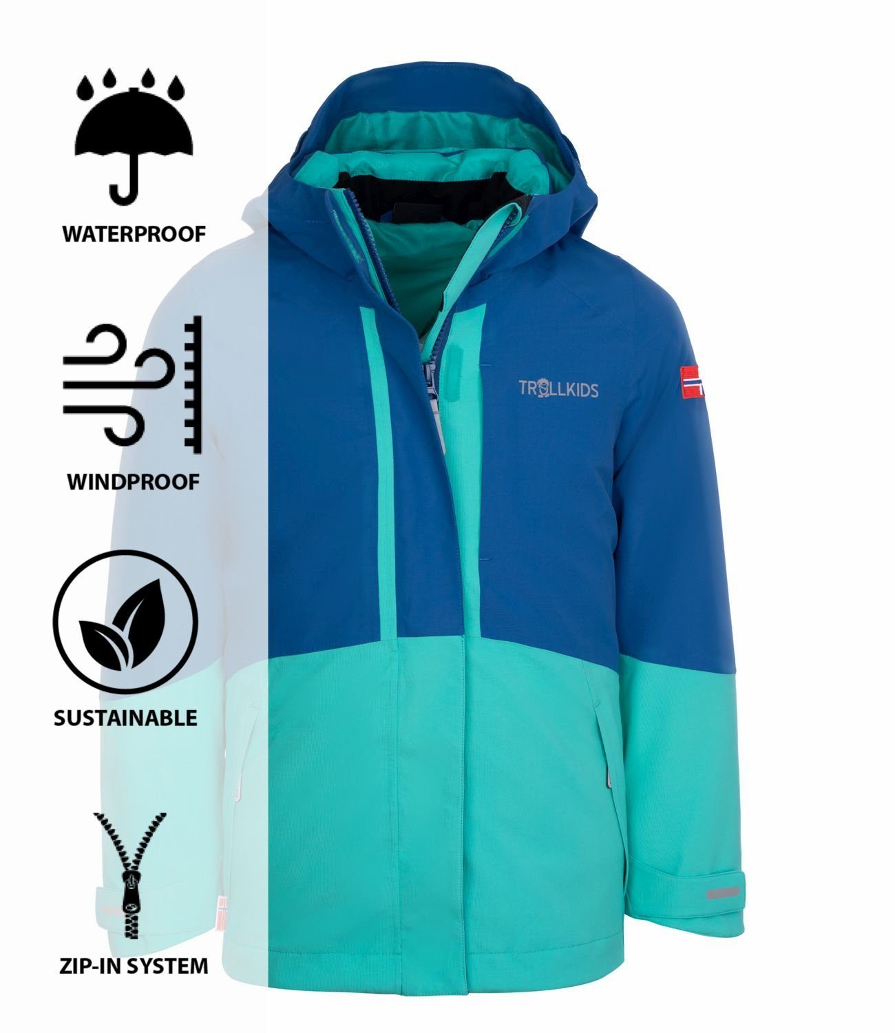 TROLLKIDS Skanden Wasserdicht 3-in-1-Funktionsjacke Mitternachtsblau/Dunkleminze