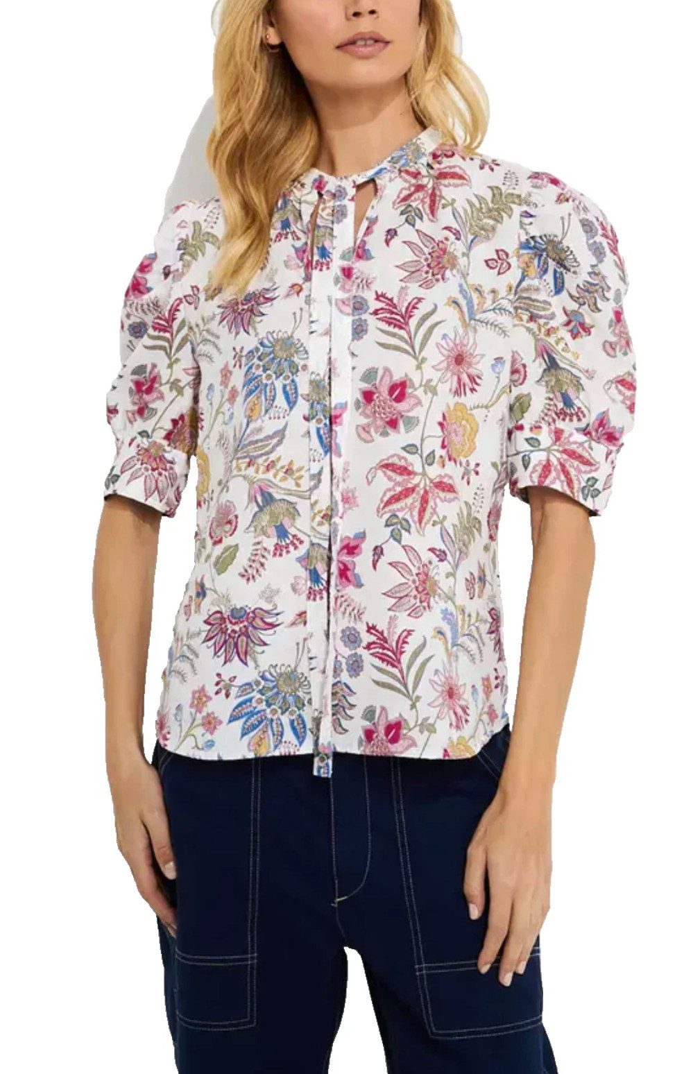 Polo Ralph Lauren Блузкиtop Damen Bluse aus Leinen mit floralem Print und Schluppe Tie-Neck-Schluppe, kurze Puffärmel, atmungsaktive Haptik