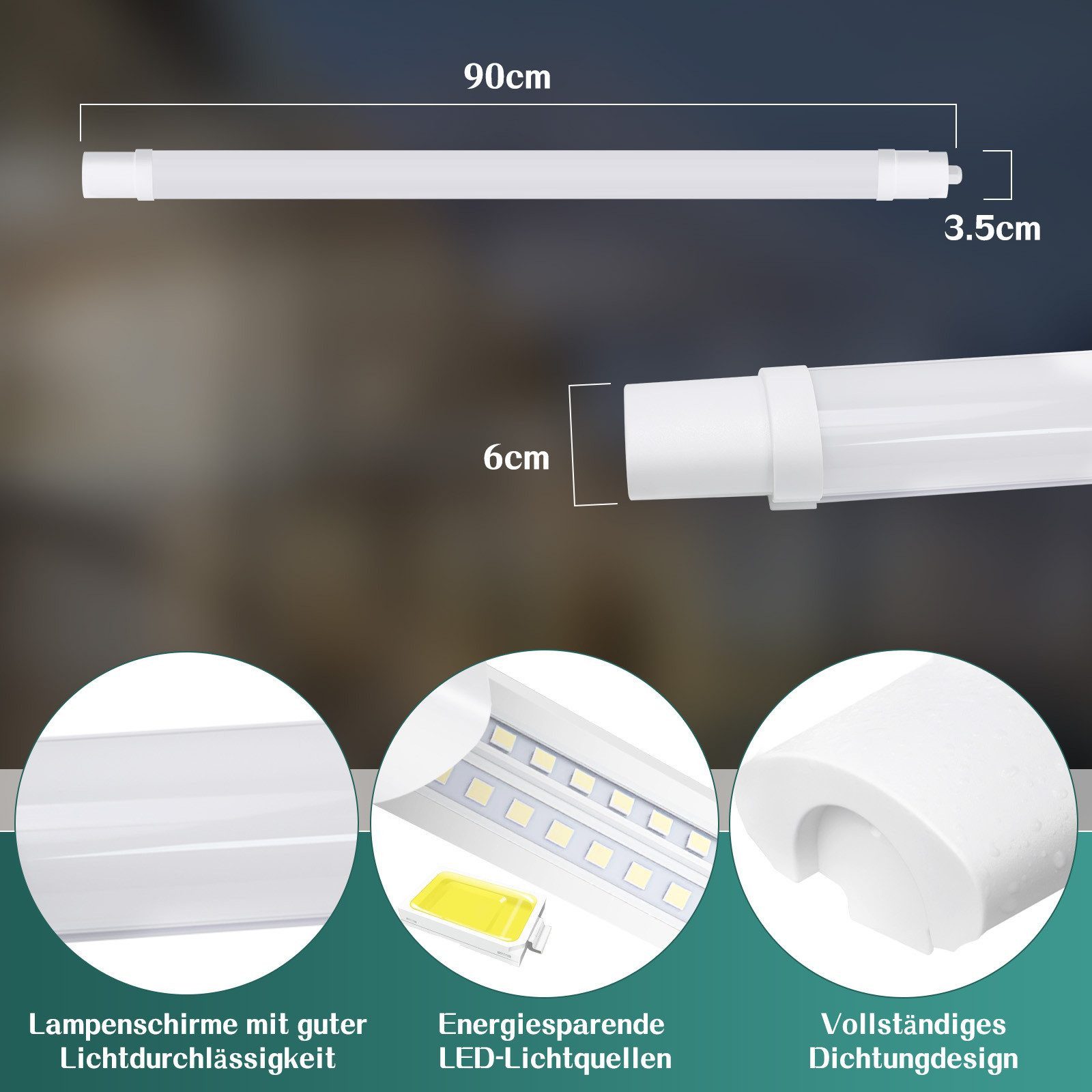 Nettlife Deckenleuchte LED Außenleuchte 90CM Led Röhre 24W Kellerlampe 5000K, LED fest integriert