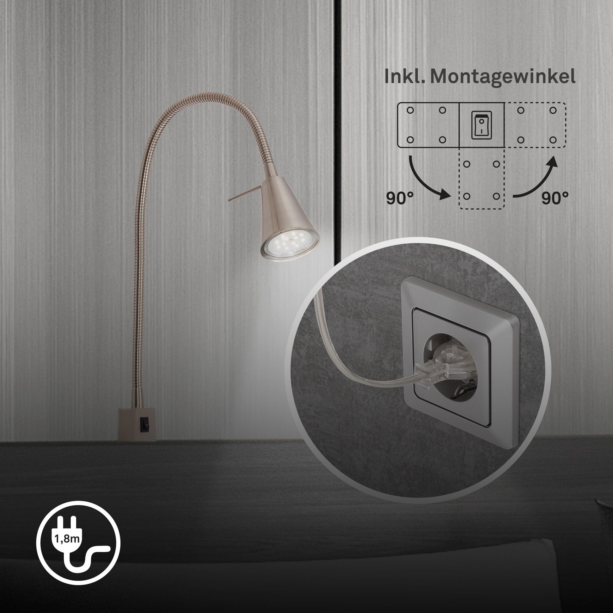Briloner Leuchten Bettleuchte LED Wandleuchte Bett Schlafzimmer Tischleuchte GU10, Einzelpack, LED wechselbar, 2700K - Extra-Warmweiß, Wandlampe, 40,3x21,7cm, Matt-Nickel, 4,7W, GU10, Innen, Wohnzimmer
