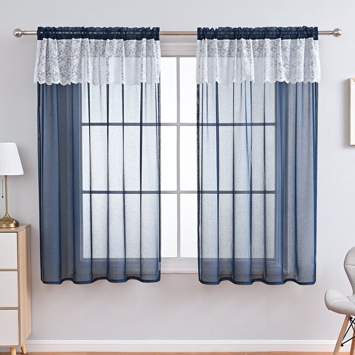 Gardine, HOMEIDEAS, Stangendurchzug mit Ployester, St), Blau (2 halbtransparent, Vorhänge Spitze