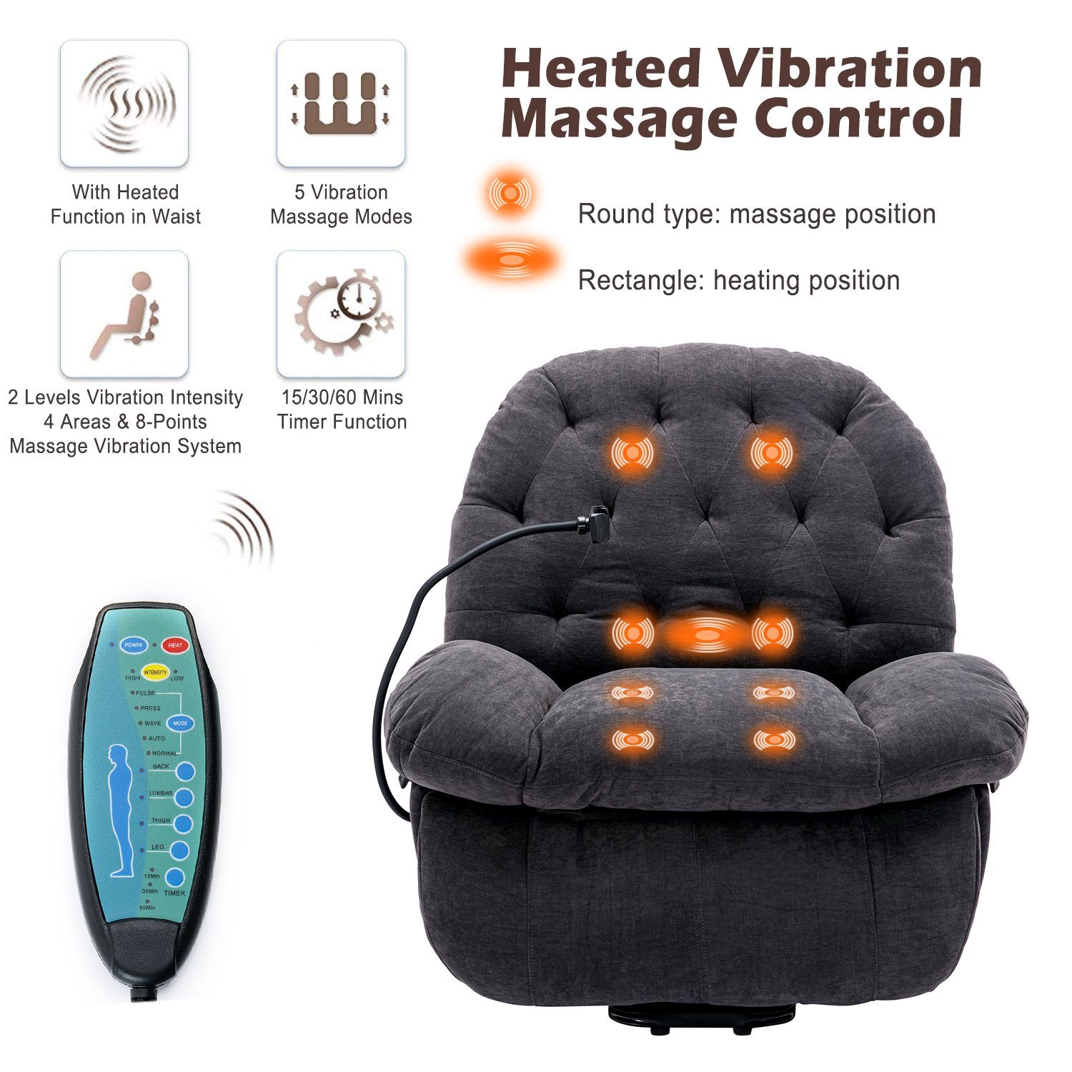 Vibration Relaxsessel TV-Sessel Wärmefunktion, Fernbedienung, Grau mit Aufstehhilfe Massagesessel mit und Handyhalterung, Merax mit