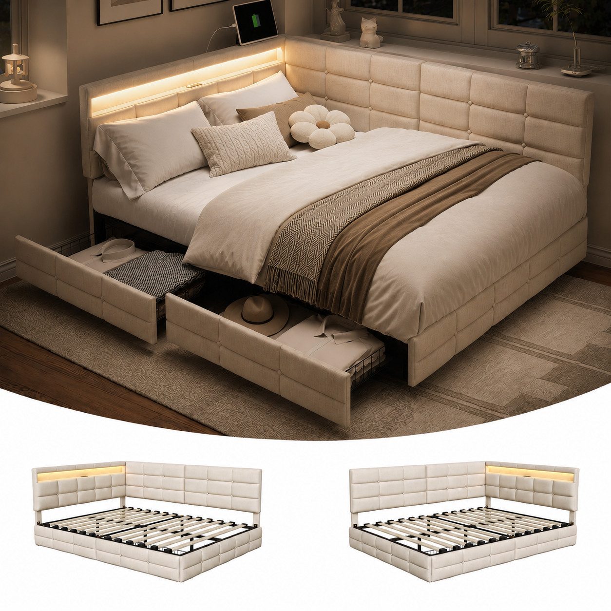 Simurq Daybett Polsterbett Schlafsofa Tagesbett Kinderbett 140x200cm mit 2 Schublade (Jugendbett mit LED und Ladestation,Funktionsbett Sofabett), Schlafsofa Doppelbett mit Lattenrost und Stauraum,Leinen,Ohne Matratze
