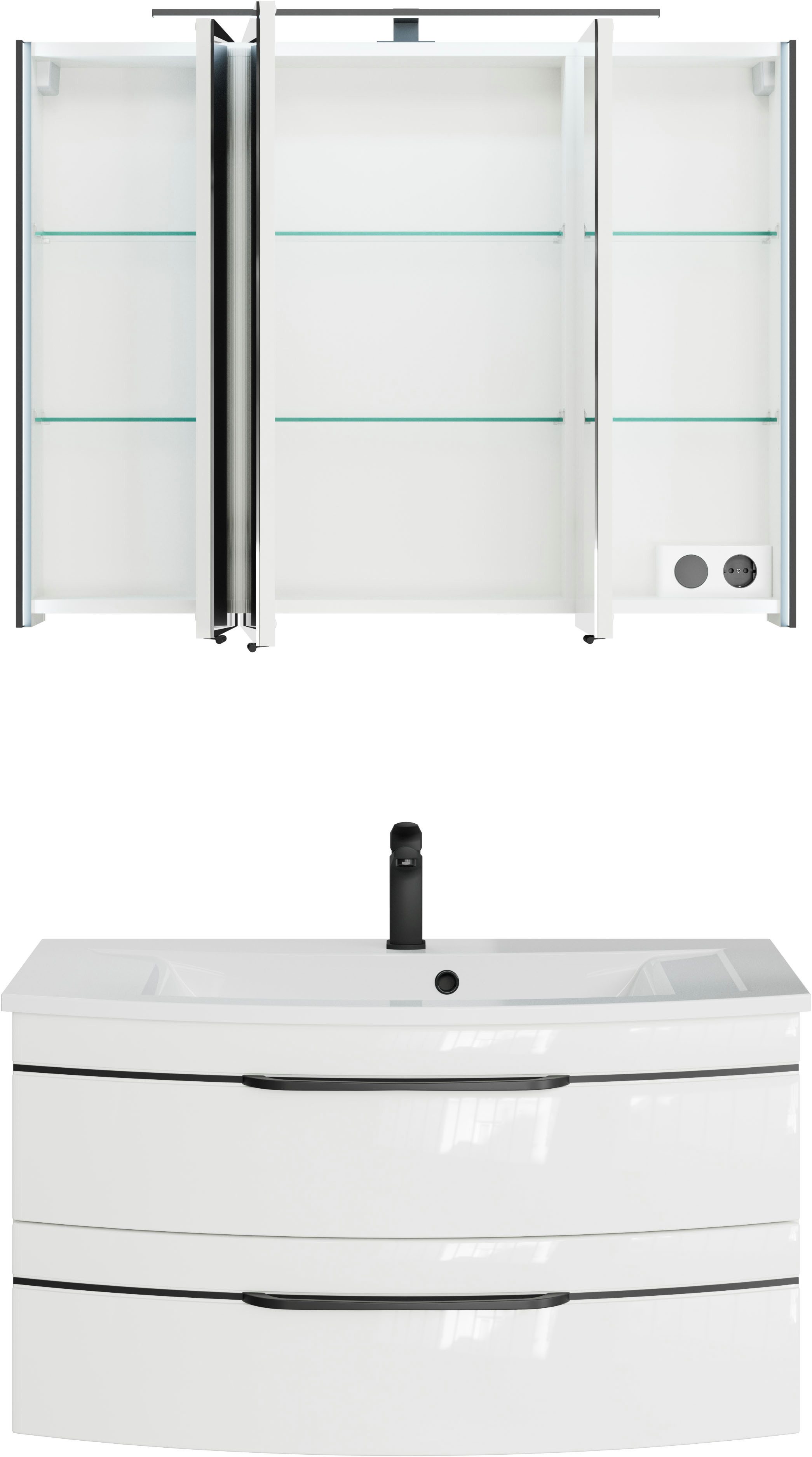 Saphir Badmöbel-Set Serie 7045 2-teilig Mineralmarmor-Waschtisch mit LED-Spiegelschrank, (Set, 2-St), Badezimmer-Set 93,2 cm breit, inkl. Türdämpfer, 3 Türen, 2 Schubladen