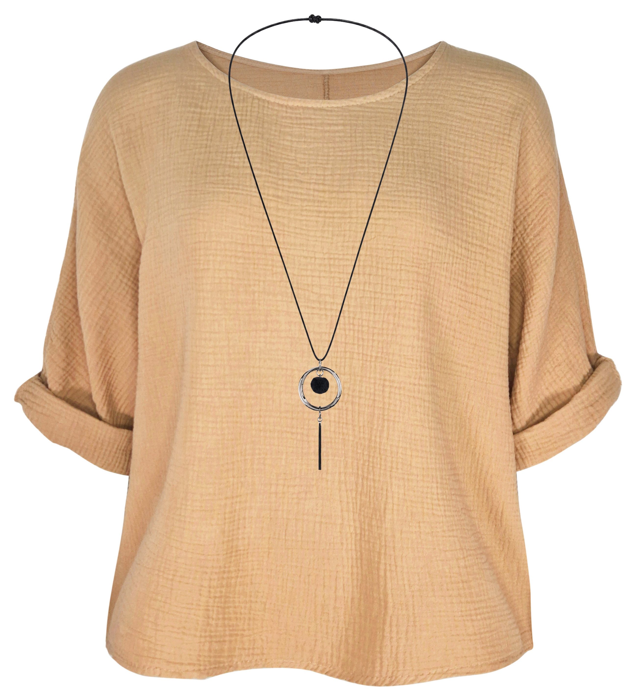 dy_mode Crinklebluse Damen Musselin Bluse Oversize Bluse Blusenshirt Oberteil Baumwolle in Unifarbe, mit passende Kette