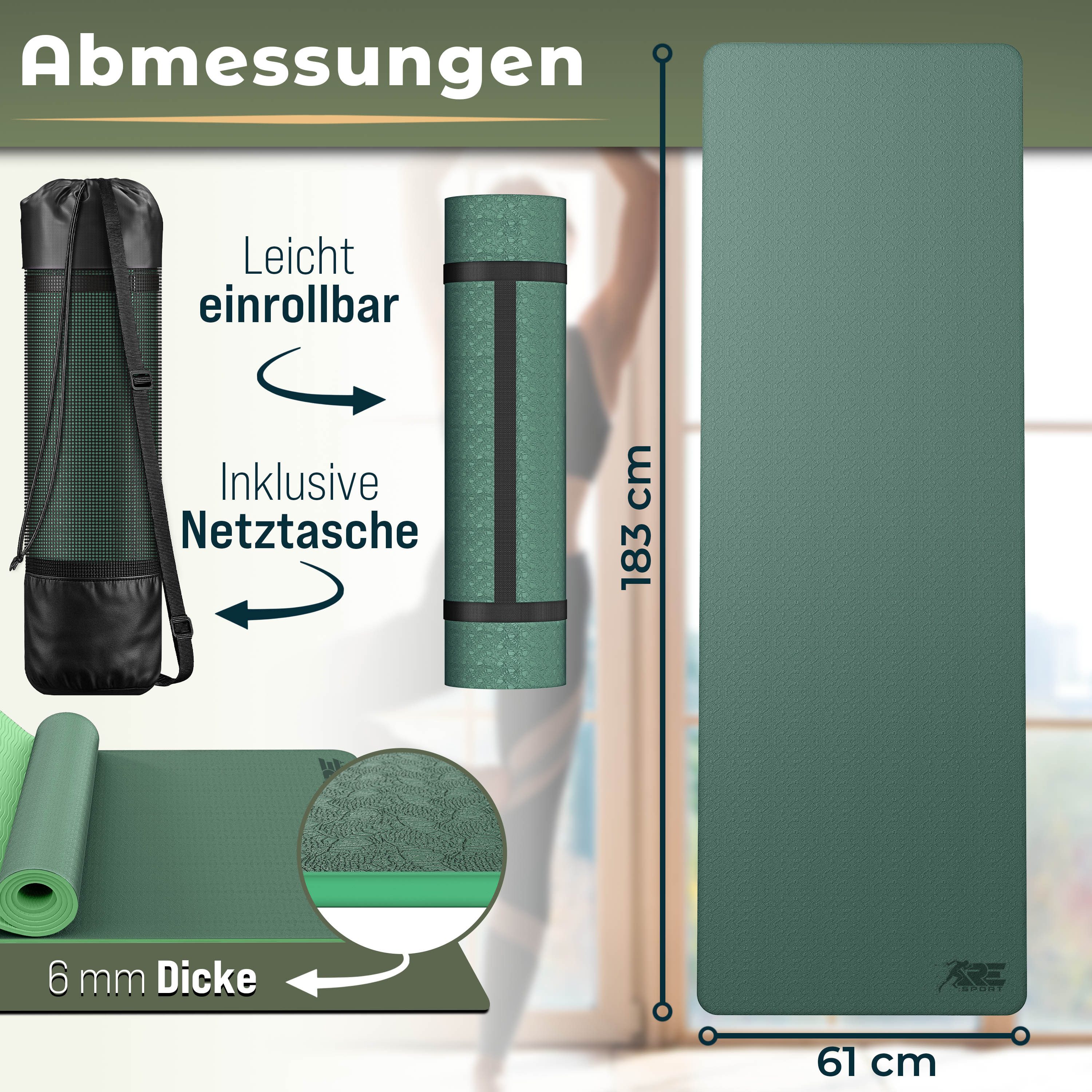 RE:SPORT Gymnastikmatte 183 x 61 x 0,6 cm mit Tragetasche Yogamatte TPE Fitnessmatte (rutschfest), Trainingsmatte mit Tragegurt Fitness Gymnastik Pilates Workout