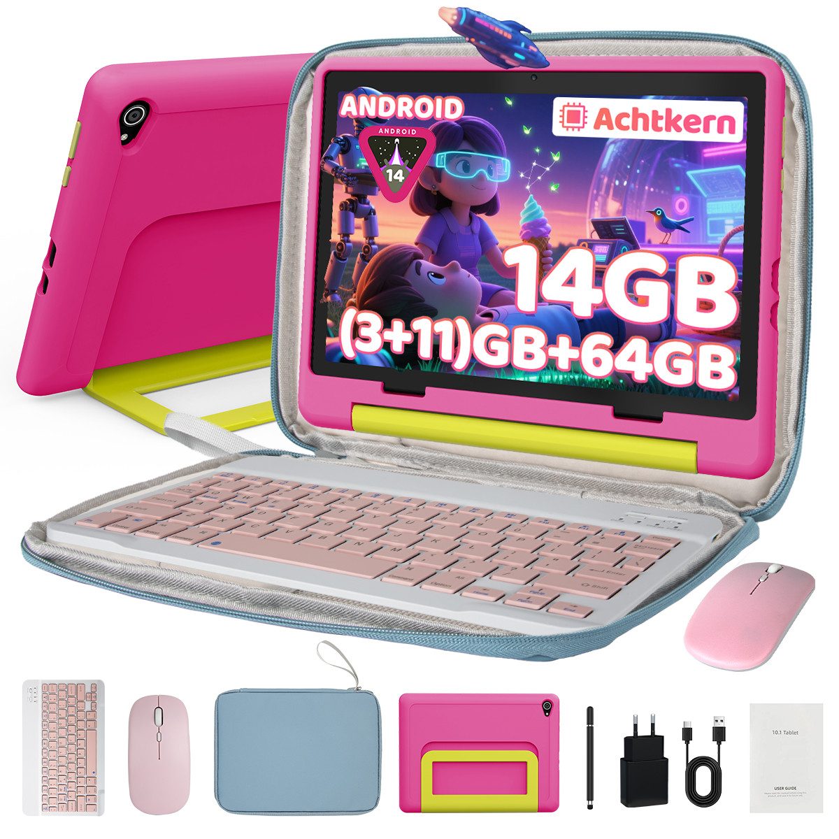 BUFO 10 Zoll Android 16, 24(3+21)GB RAM+64GB, 1280x800 HD IPS, Kinder Tablet (10", 64 GB, Android 16, WiFi 6, GMS-Zertifizierung Android 16, mit Stylus/Maus/Tastatur)