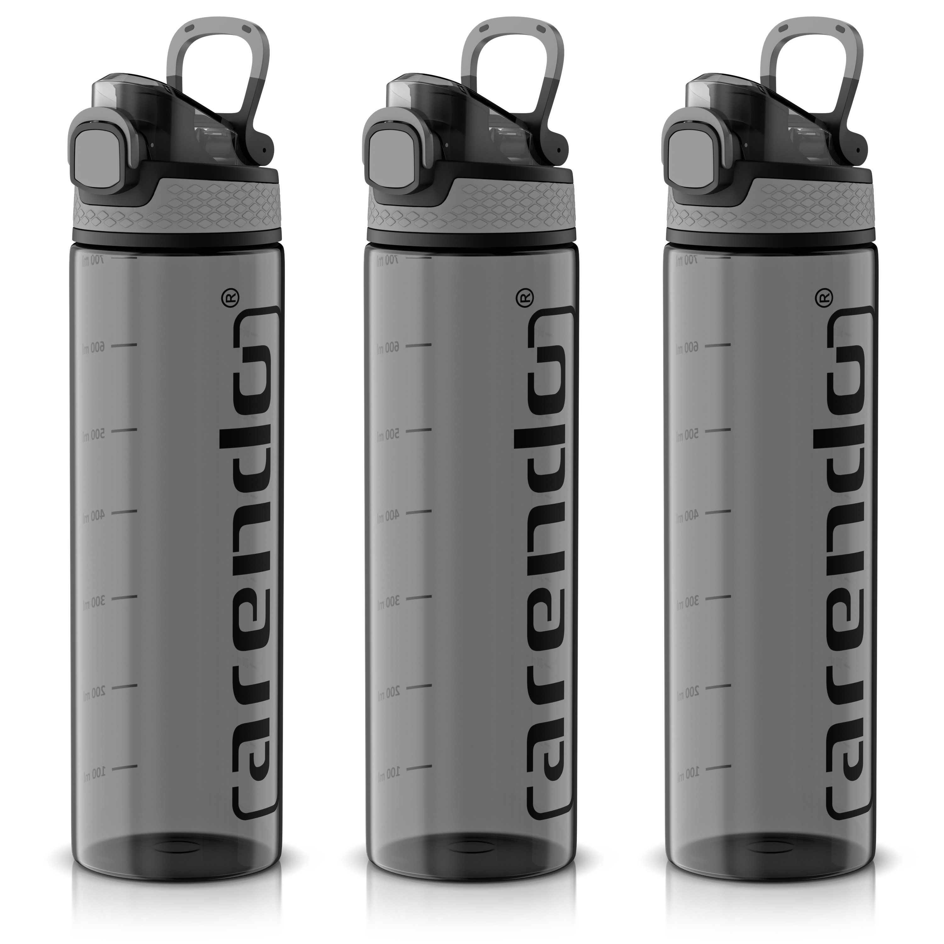Arendo Trinkflasche 3er Set Trinkflasche 700 ml BPA-frei Sport, kohlensäuregeeignet, BPA-frei, auslaufsicher, One-Click-Verschluss, Mengenskala, Flasche