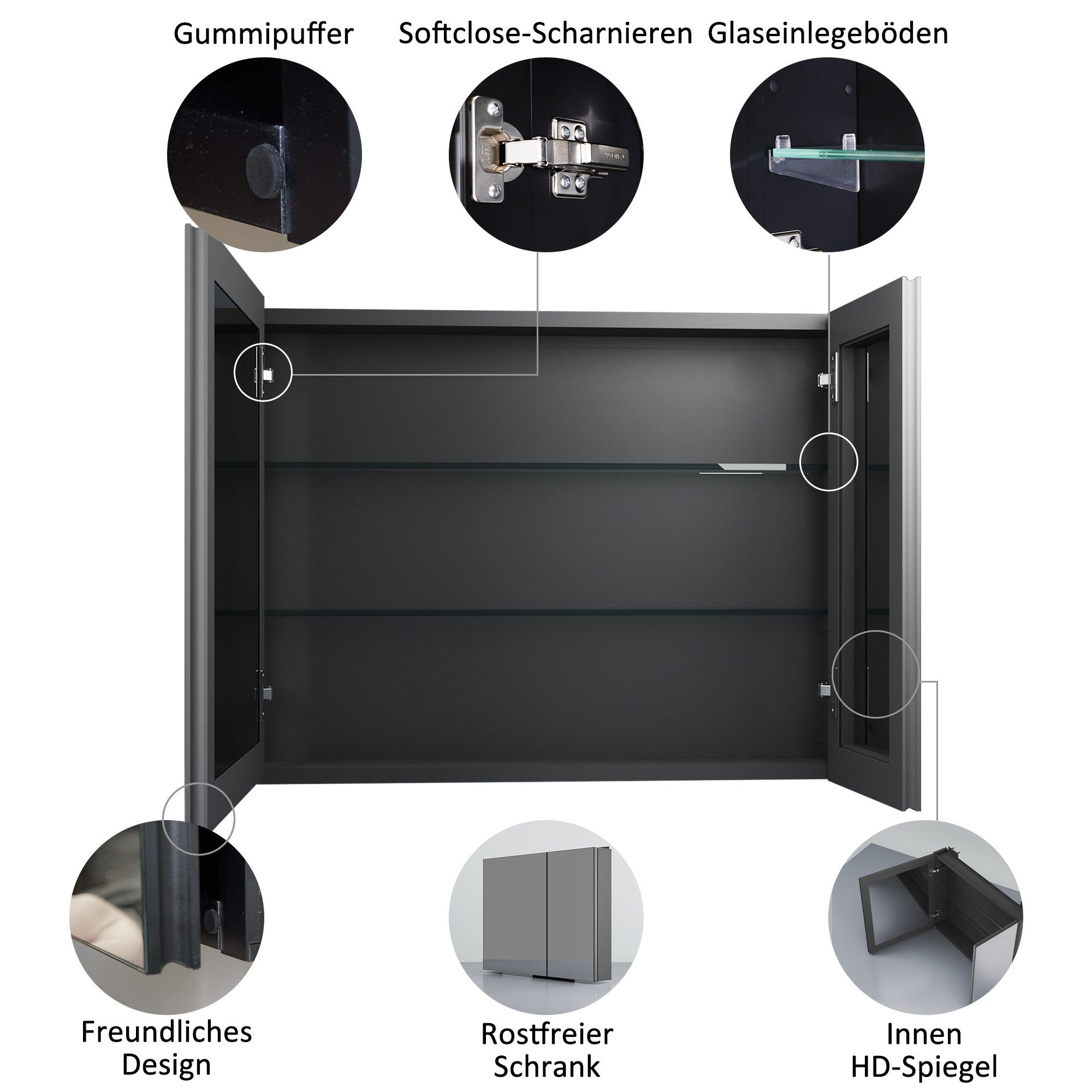 Hopibath Spiegelschrank Schwarz 80x60cm Badezimmer Spiegelschrank (Badezimmerspiegelschrank Aluminium, Eckig) Doppelspiegel, Verstellbare Glasböden, vormontiert geliefert