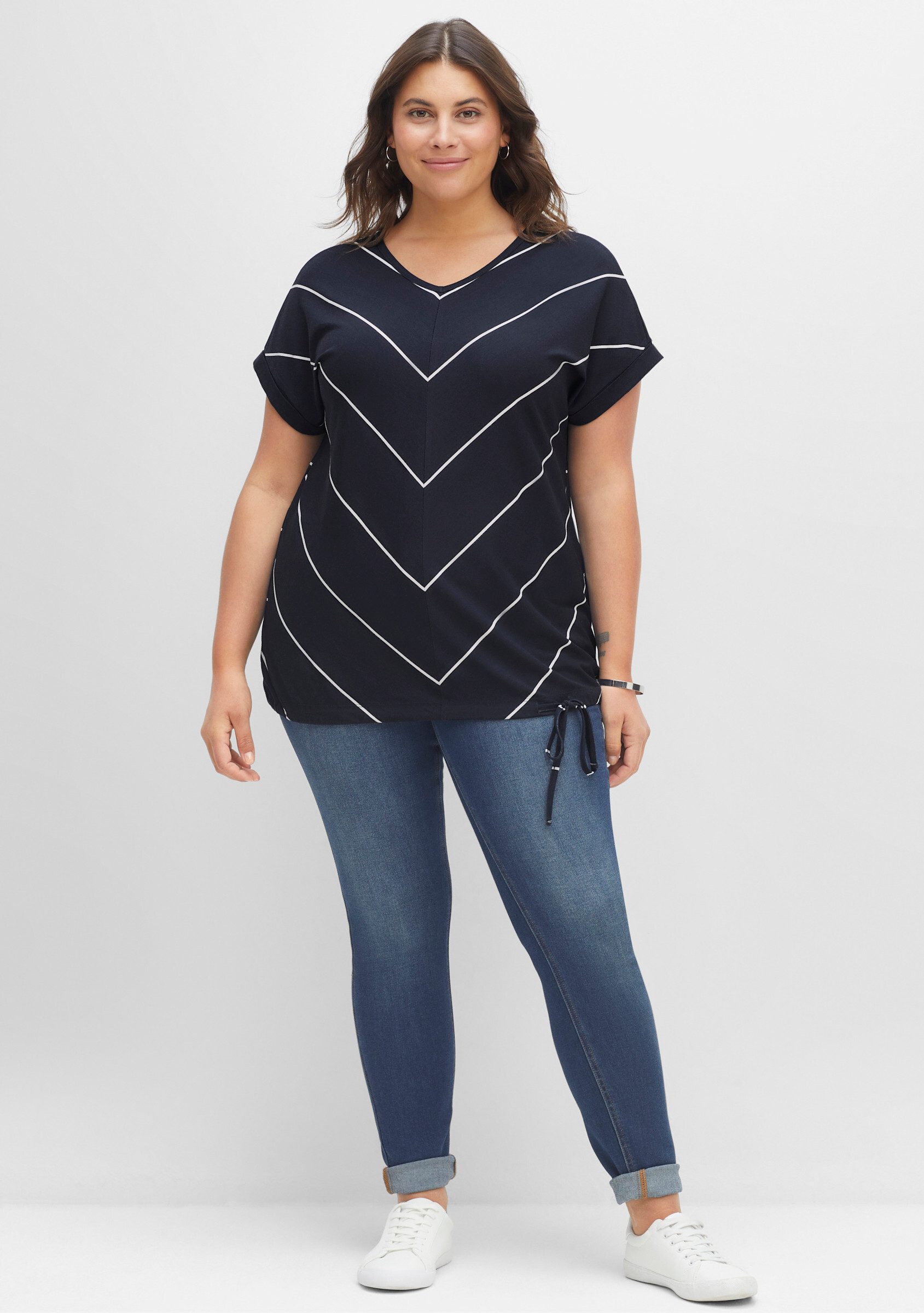 Sheego T-Shirt Streifenshirt . mit Tunnelzug am Saum günstig online kaufen