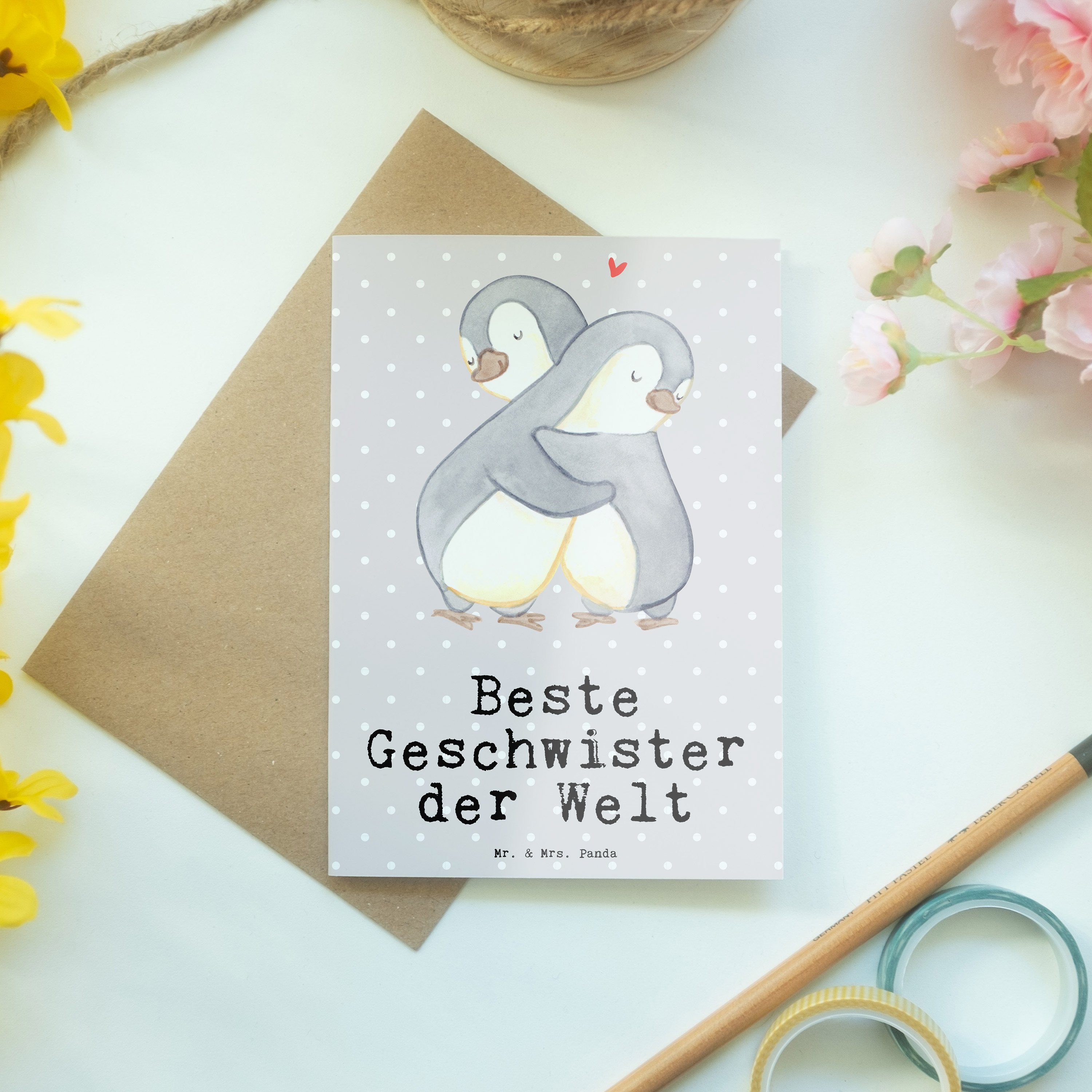 Mr. & Mrs. - Grau Geschenk, Karte Grußkarte Beste Welt - Geschwister Panda Pinguin Pastell der