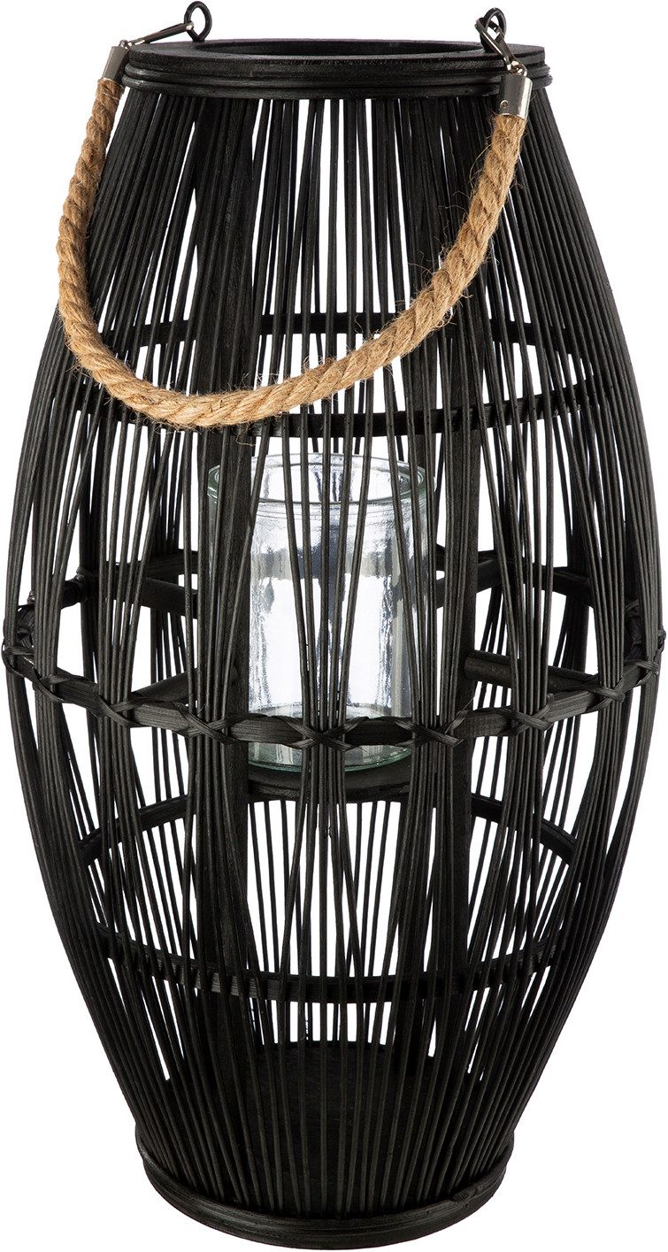 GILDE Windlicht Windlicht Kegel Yantai schwarz (1 St), Deko Windlicht Flechtoptik Henkel asiatisch Boho gemütlich